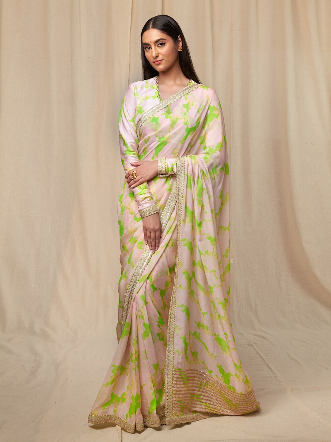 

Masaba Abstract Printed Embroidered Organza Saree, Beige