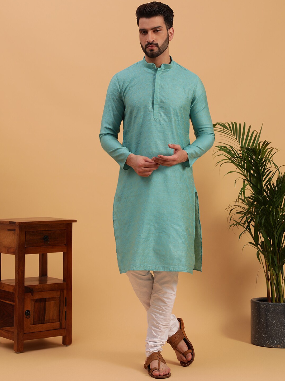 

NAMASKAR Woven Design Mandarin Collar Pure Cotton Kurta with Churidar, Blue