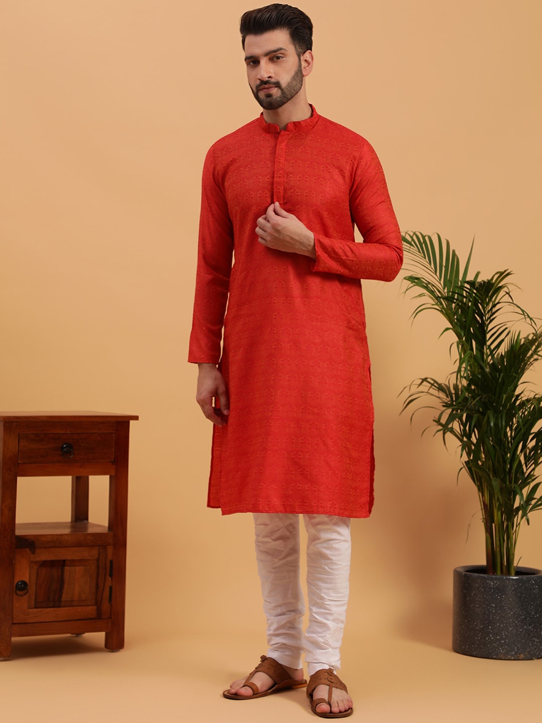 

NAMASKAR Woven Design Mandarin Collar Pure Cotton Kurta with Churidar, Red