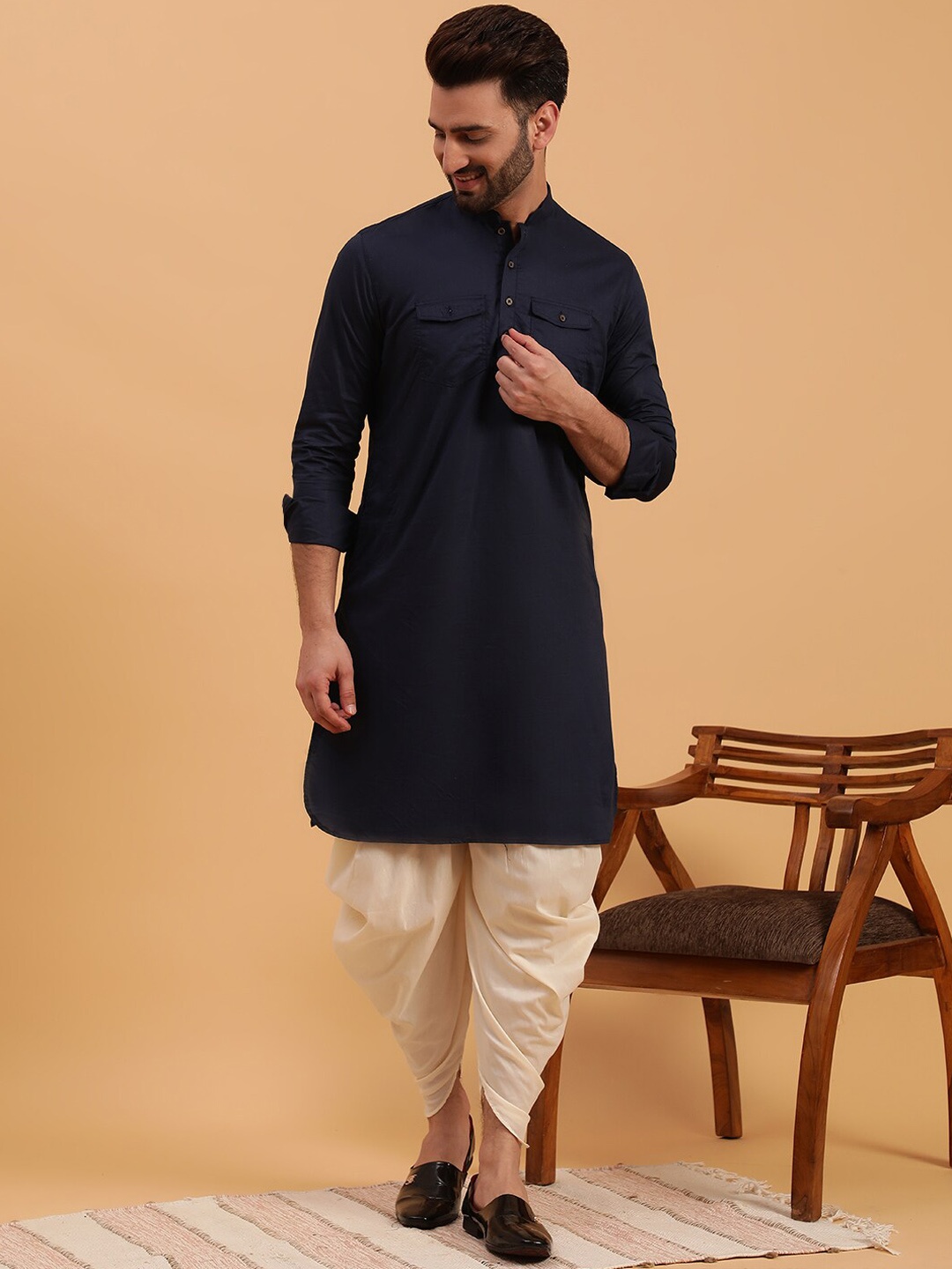 

NAMASKAR Mandarin Collar Pure Cotton Pathani Kurta with Dhoti Pants, Blue