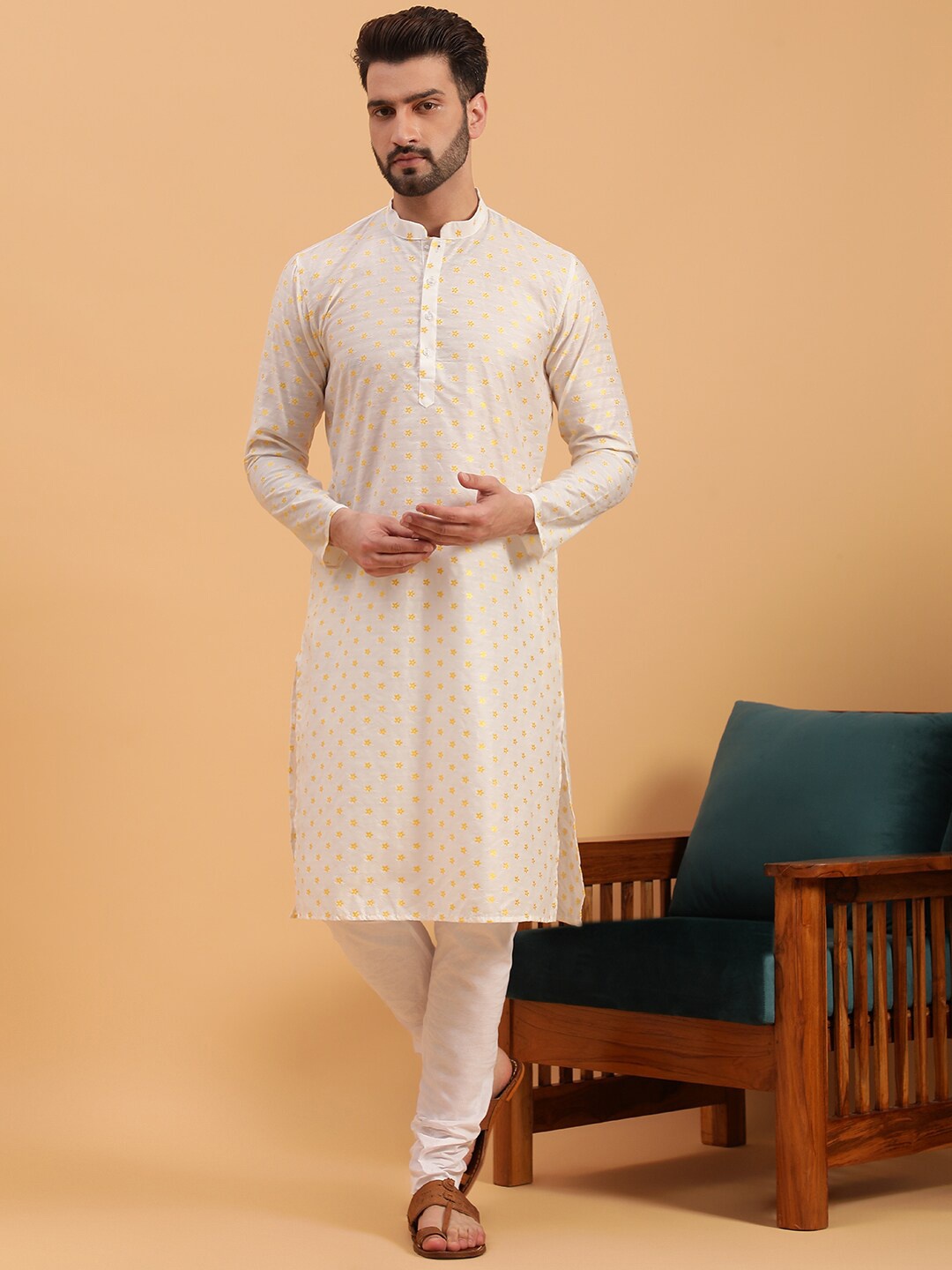 

NAMASKAR Floral Self Design Mandarin Collar Pure Cotton Kurta with Churidar, White