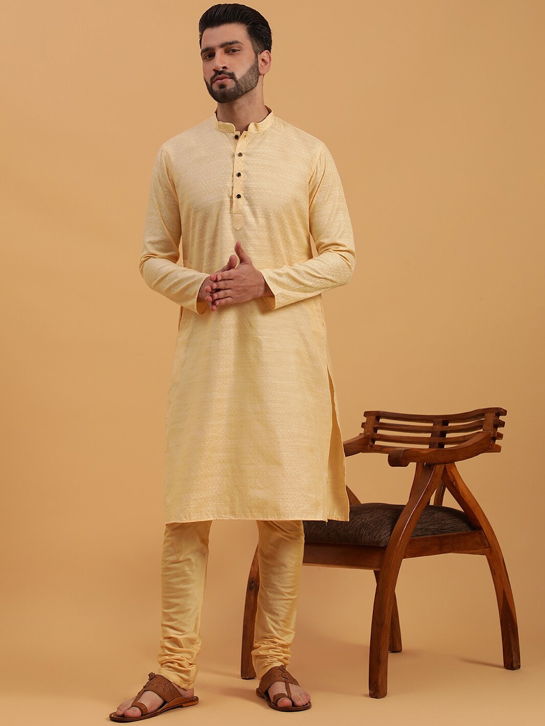 

NAMASKAR Ethnic Motifs Self Design Mandarin Collar Pure Silk Kurta with Churidar, Beige