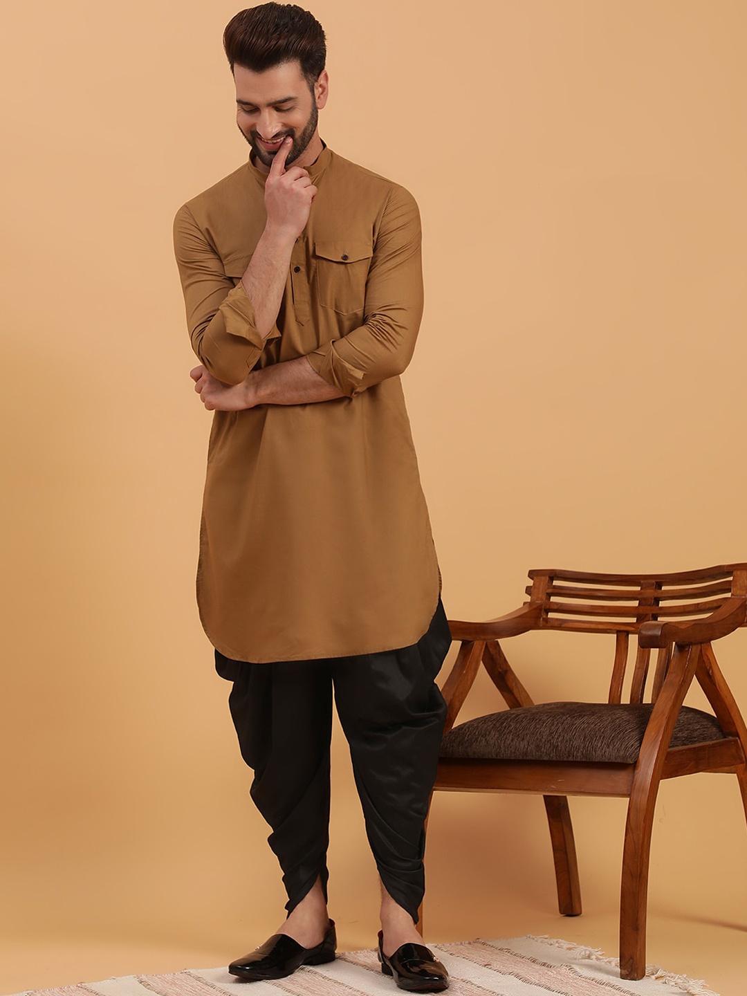 

NAMASKAR Mandarin Collar Pure Cotton Pathani Kurta with Dhoti Pants, Brown