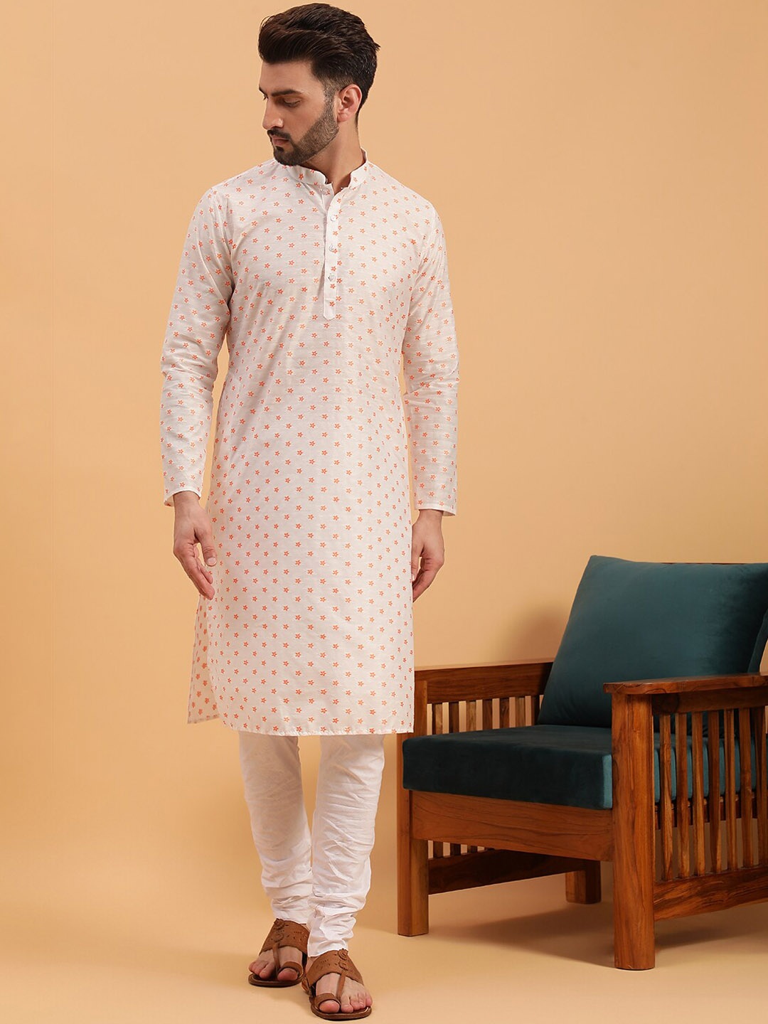 

NAMASKAR Floral Self Design Pure Cotton Kurta with Churidar, White