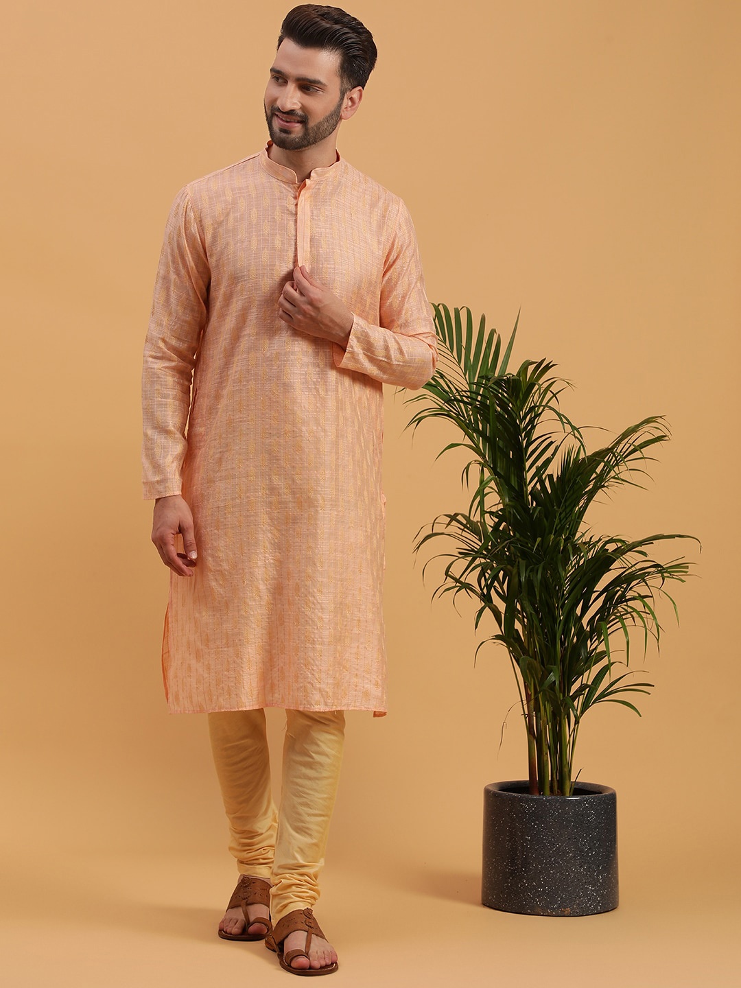 

NAMASKAR Woven Design Zari Mandarin Collar Kurta with Churidar, Orange