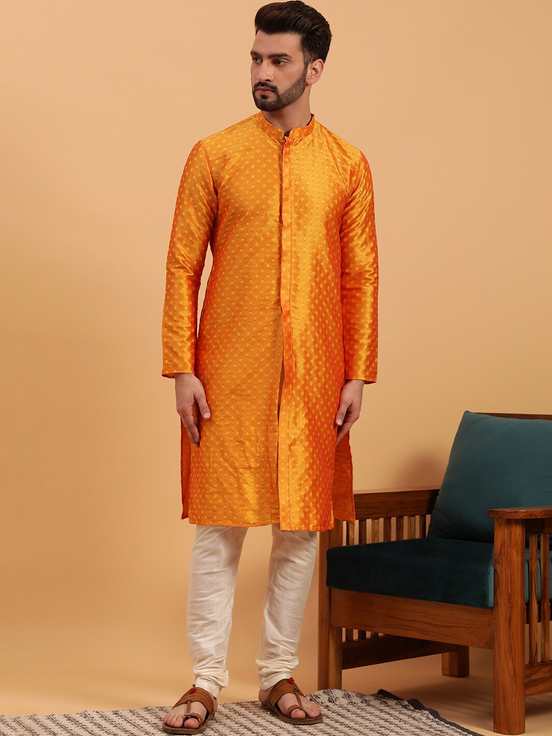

NAMASKAR Woven Design Mandarin Collar Pure Silk Kurta with Churidar, Orange