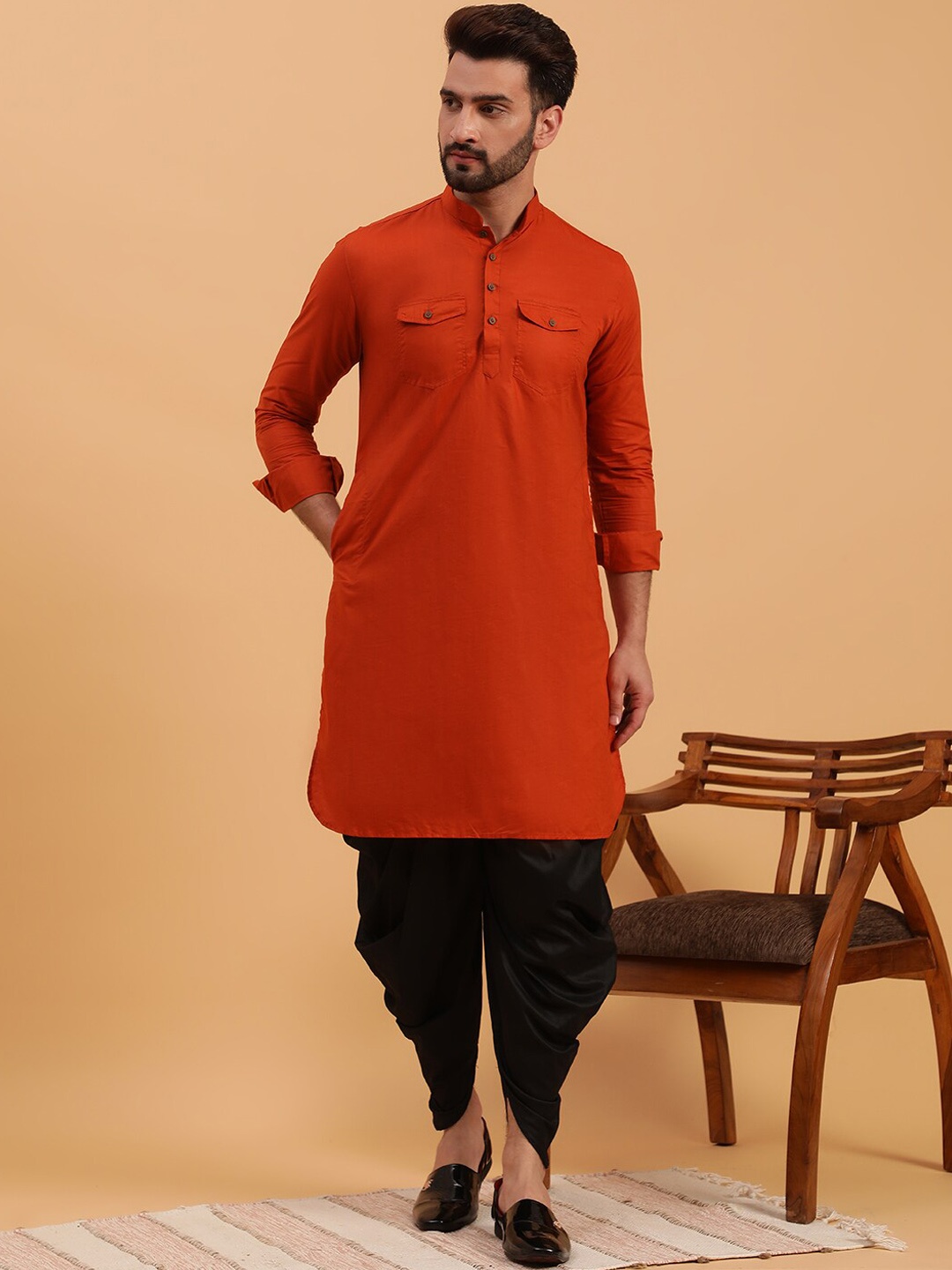 

NAMASKAR Mandarin Collar Pure Cotton Pthani Kurta with Dhoti Pants, Maroon
