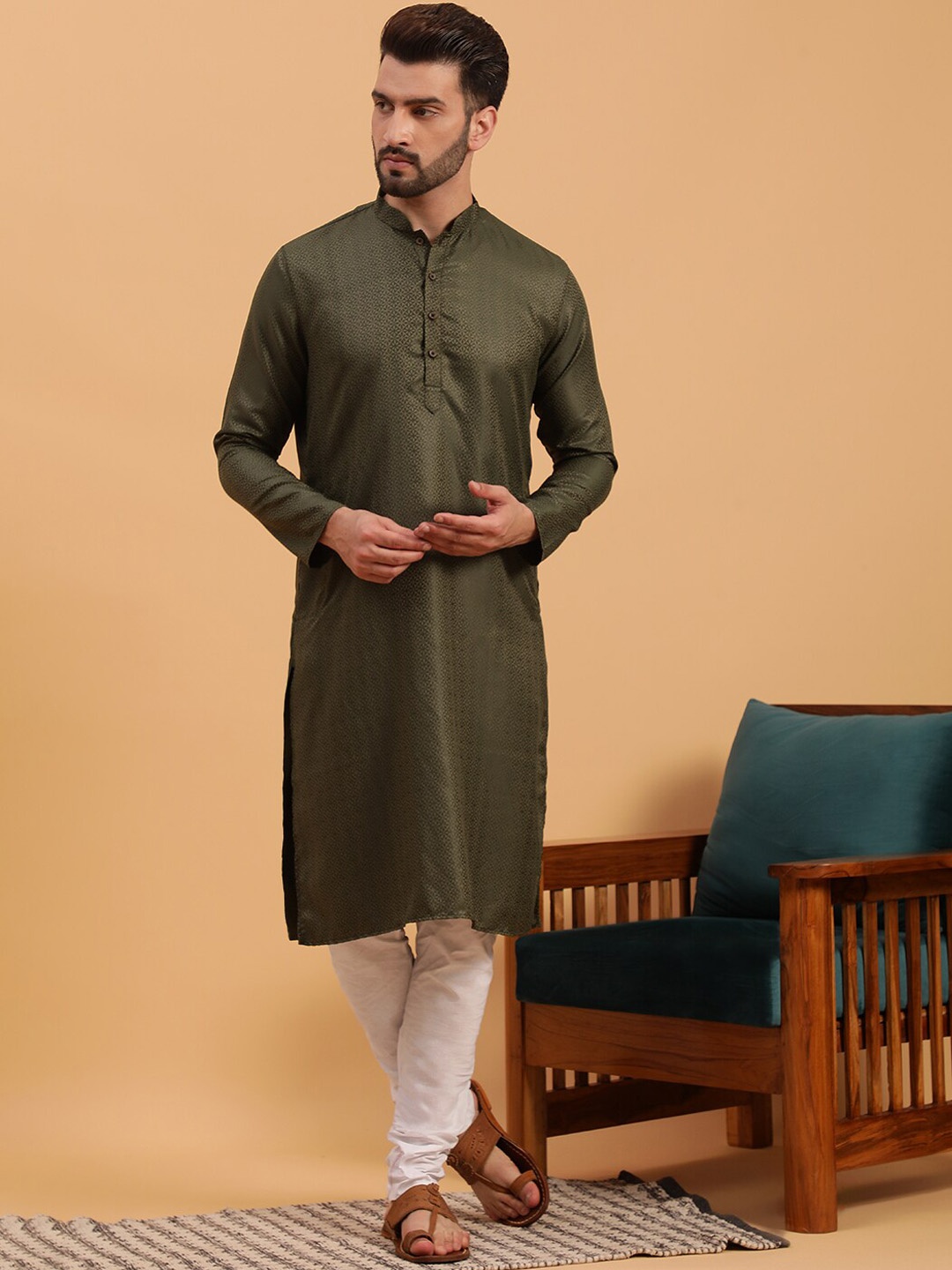 

NAMASKAR Woven Design Mandarin Collar Pure Cotton Kurta with Churidar, Green