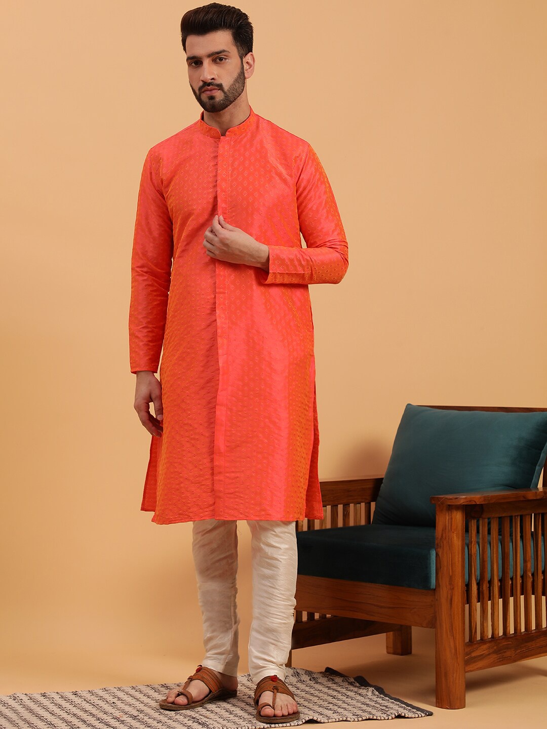 

NAMASKAR Woven Design Mandarin Collar Pure Silk Kurta with Pyjamas, Orange