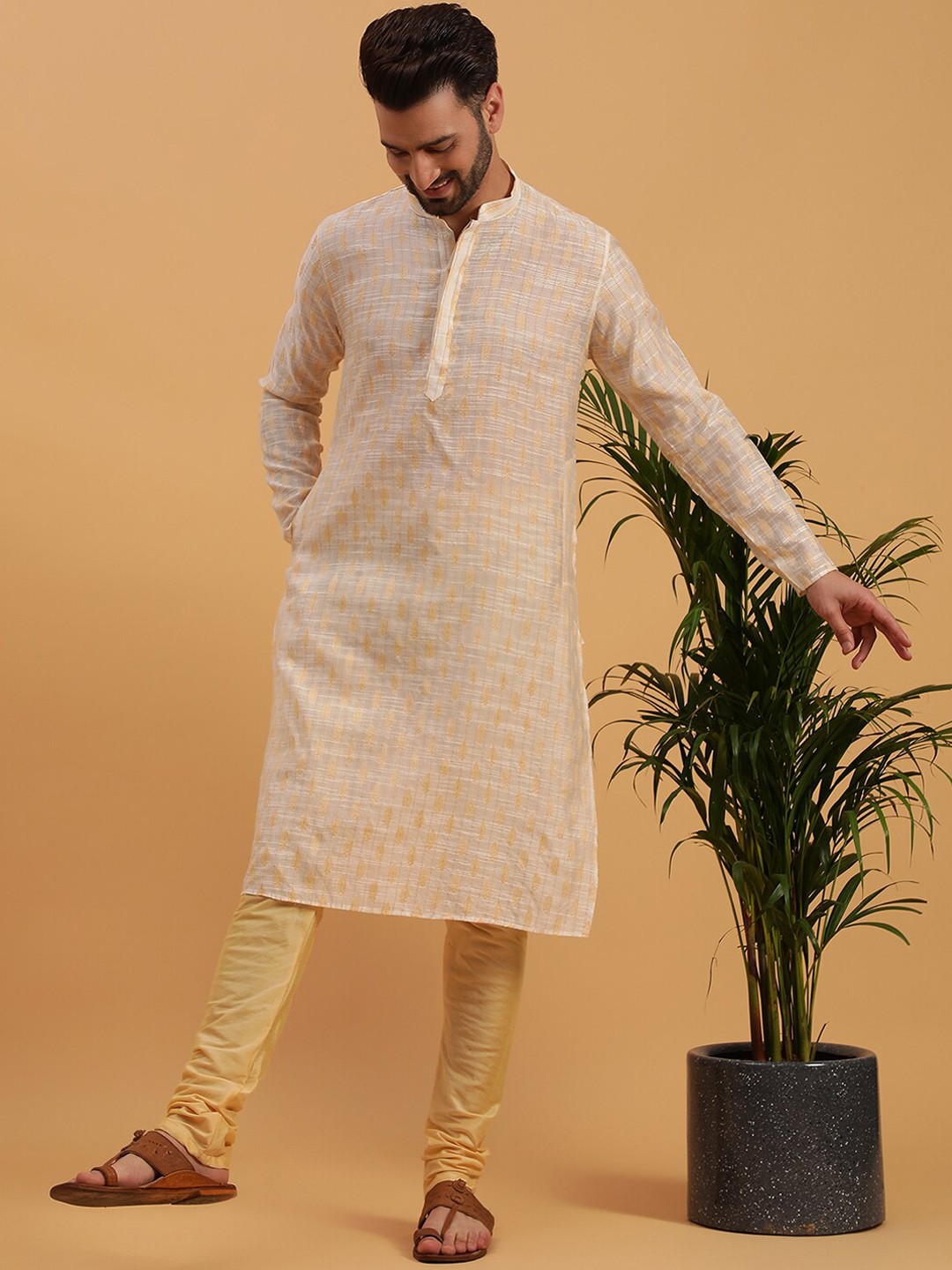 

NAMASKAR Woven Design Mandarin Collar Kurta with Churidar, White