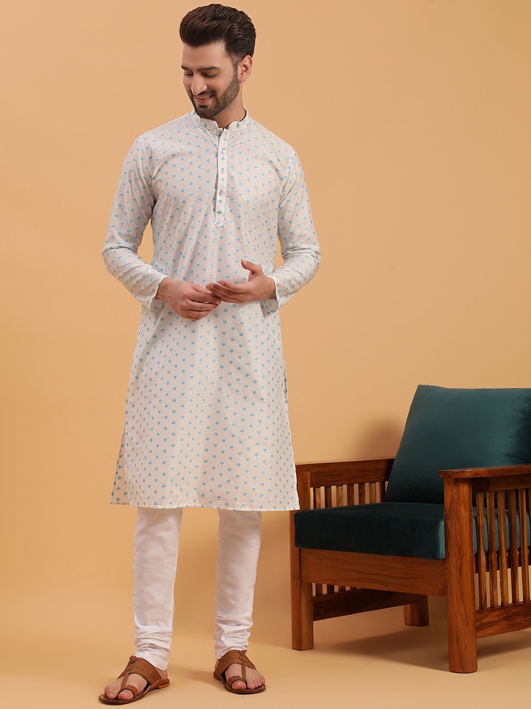 

NAMASKAR Woven Design Mandarin Collar Pure Cotton Kurta with Churidar, White