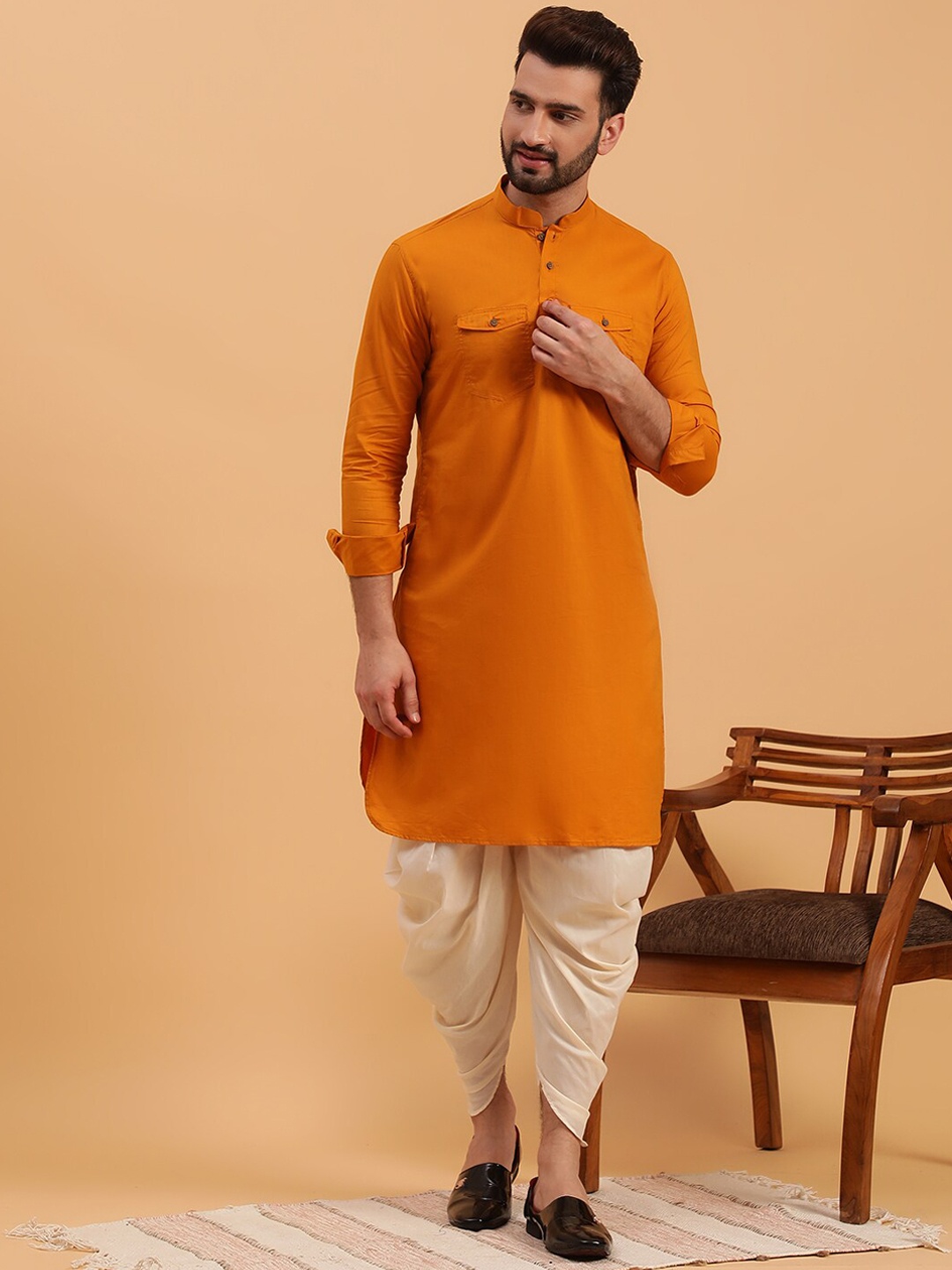 

NAMASKAR Mandarin Collar Pure Cotton Pathani Kurta with Dhoti Pants, Mustard