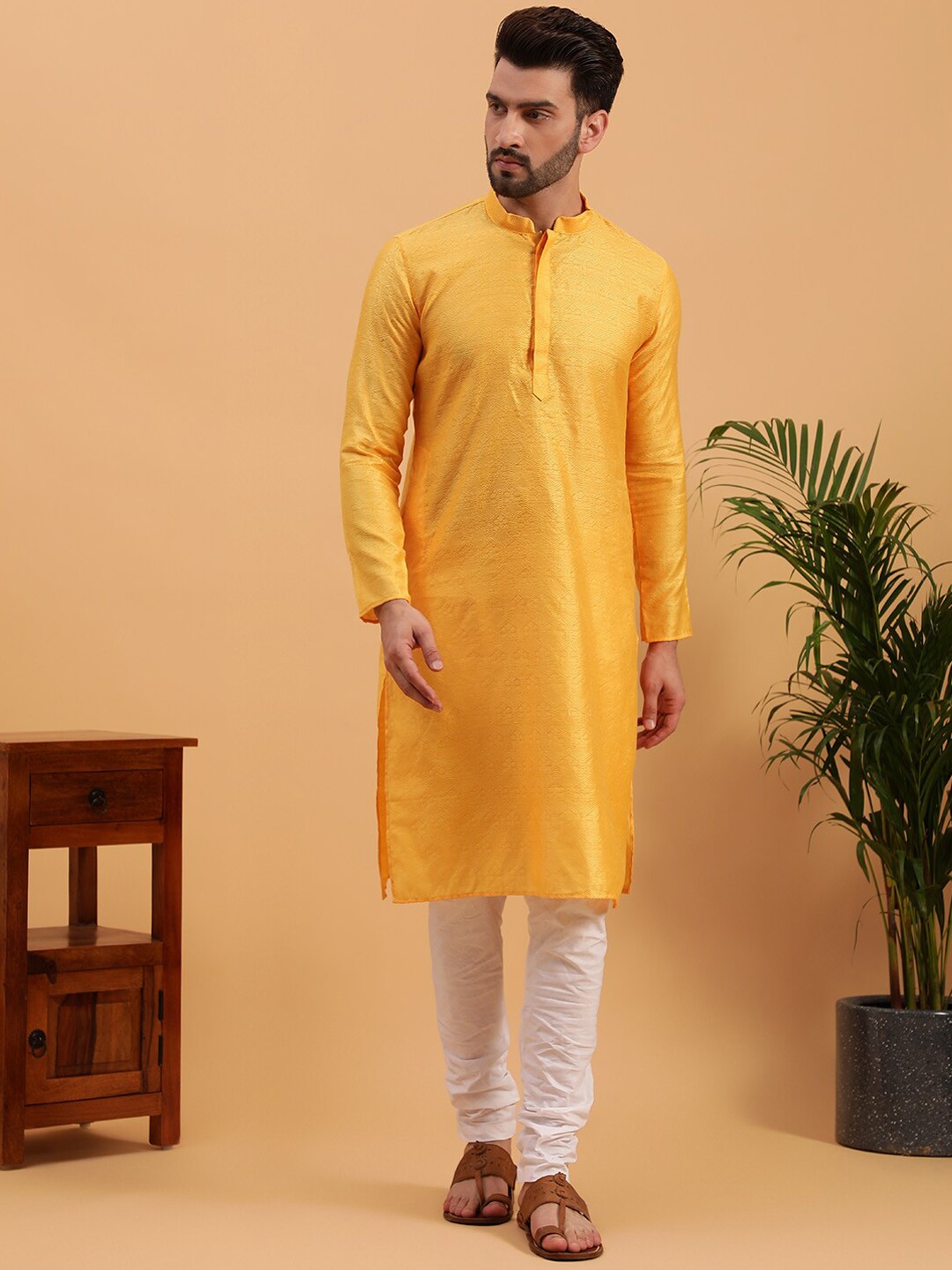 

NAMASKAR Woven Design Mandarin Collar Pure Cotton Kurta with Churidar, Yellow