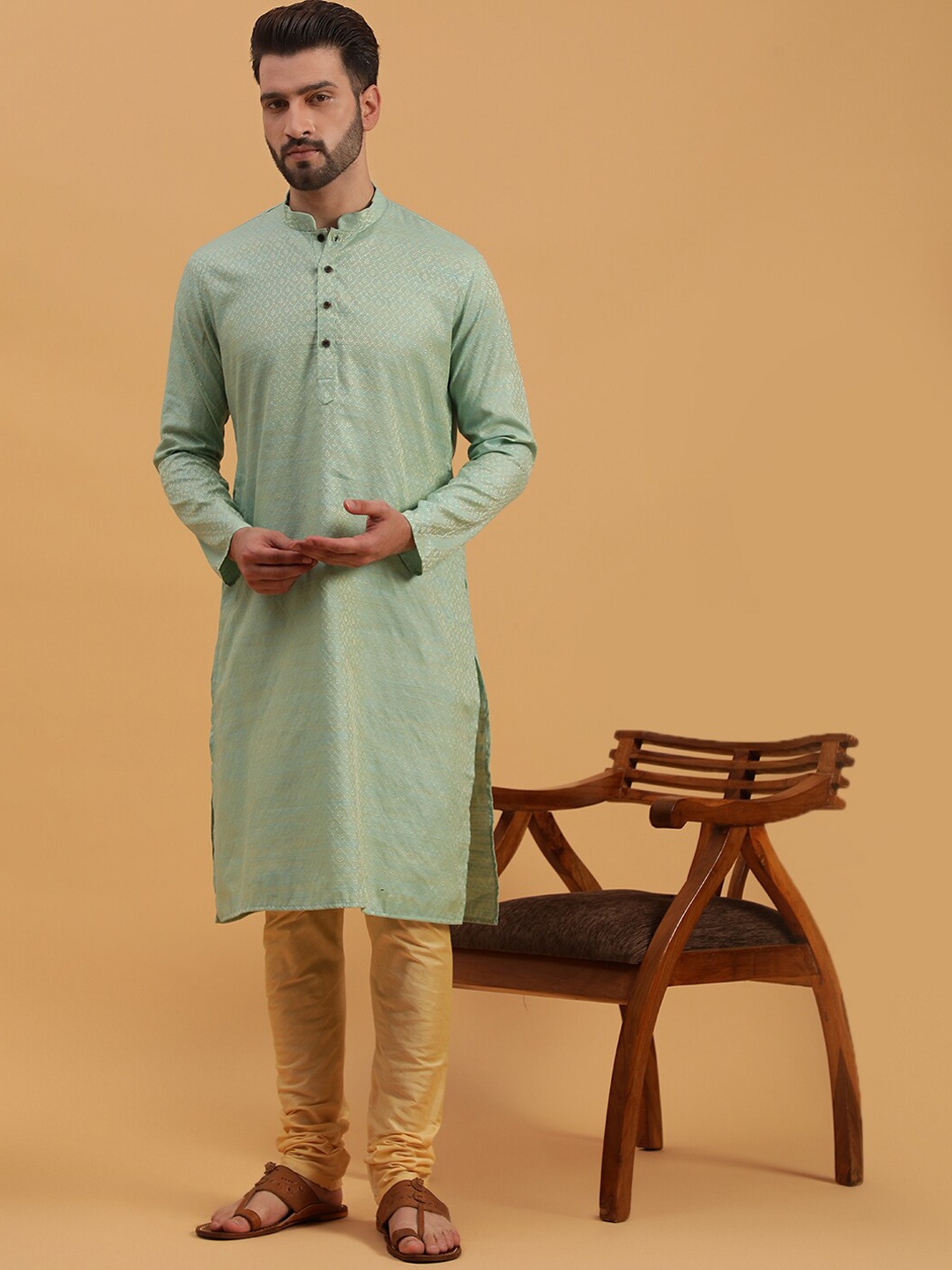 

NAMASKAR Ethnic Motifs Self Design Pure Silk Kurta with Churidar, Green