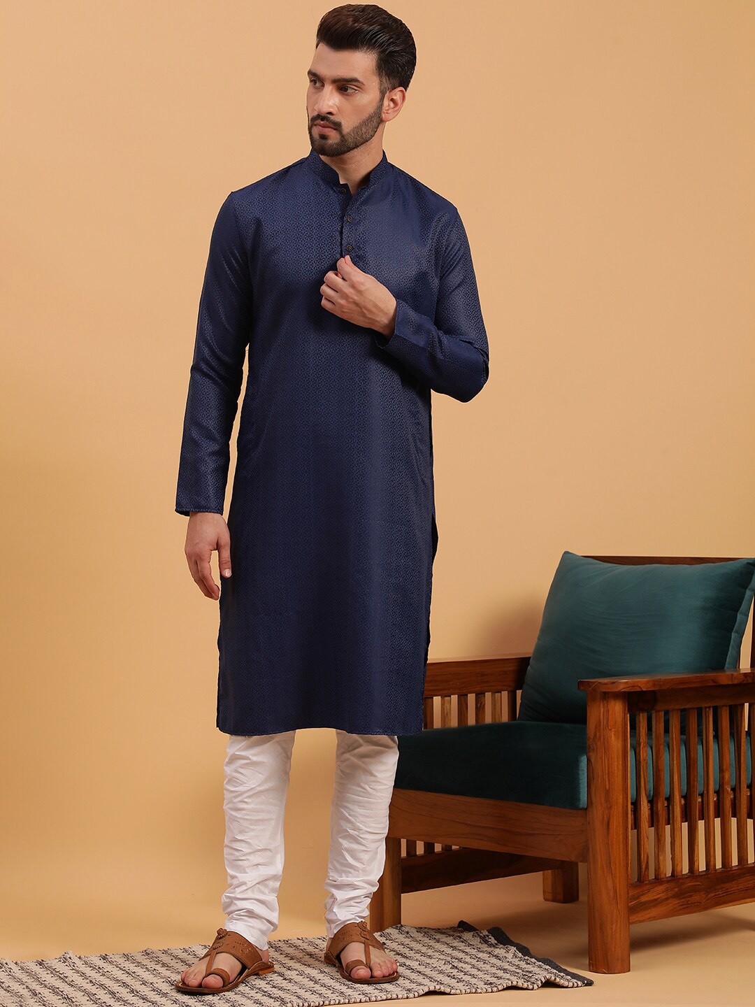 

NAMASKAR Ethnic Motifs Self Design Pure Cotton Kurta with Churidar, Blue