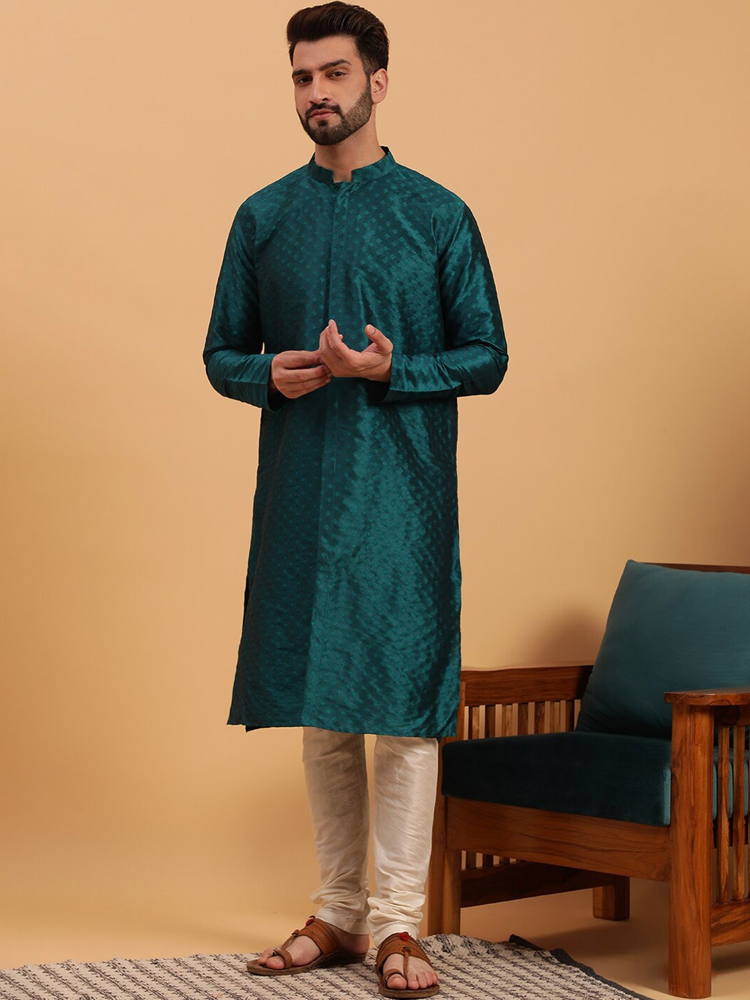 

NAMASKAR Woven Design Pure Silk Kurta with Churidar, Green