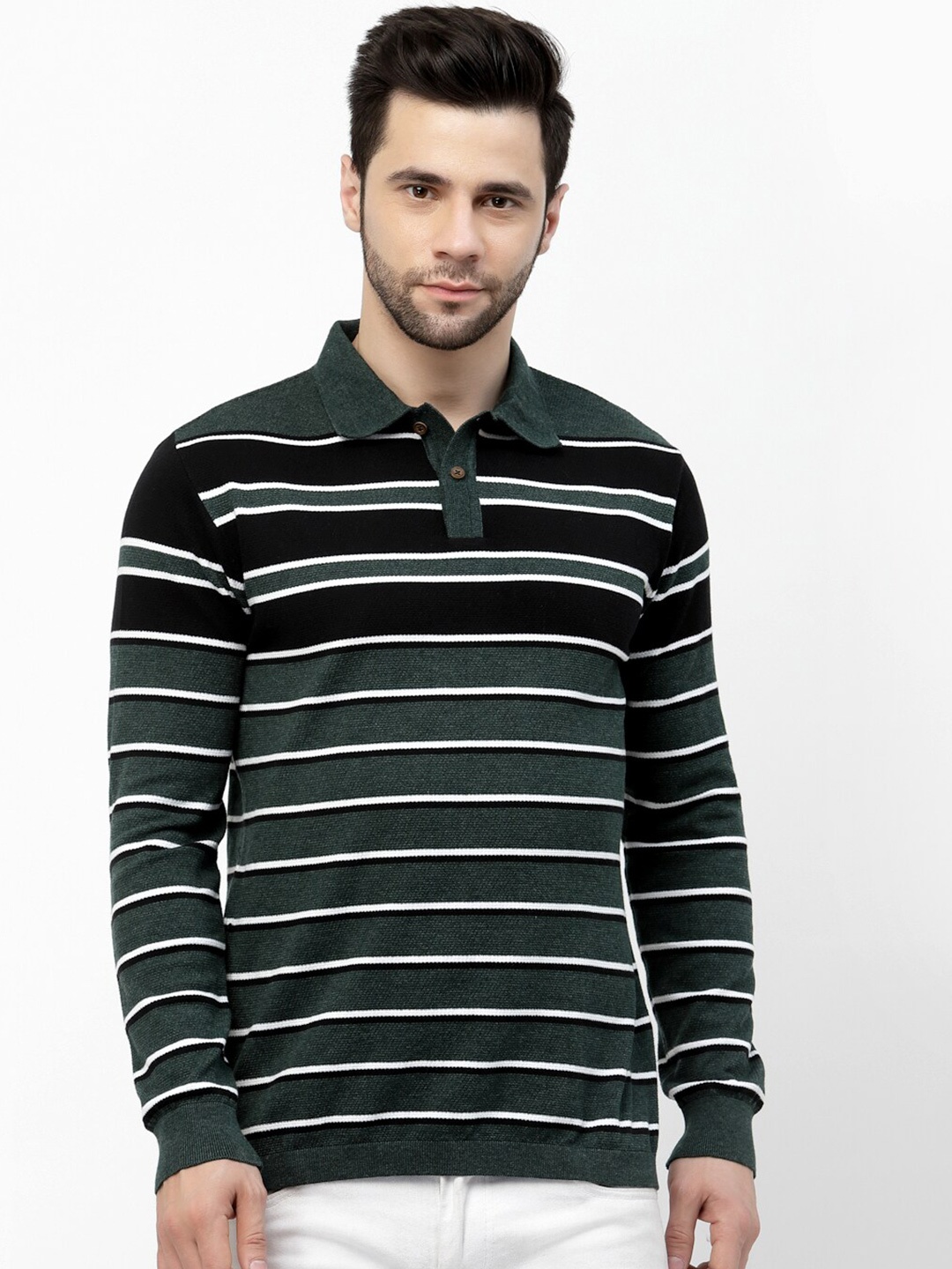 

Kalt Striped Polo Collar Long Sleeves T-shirt, Green