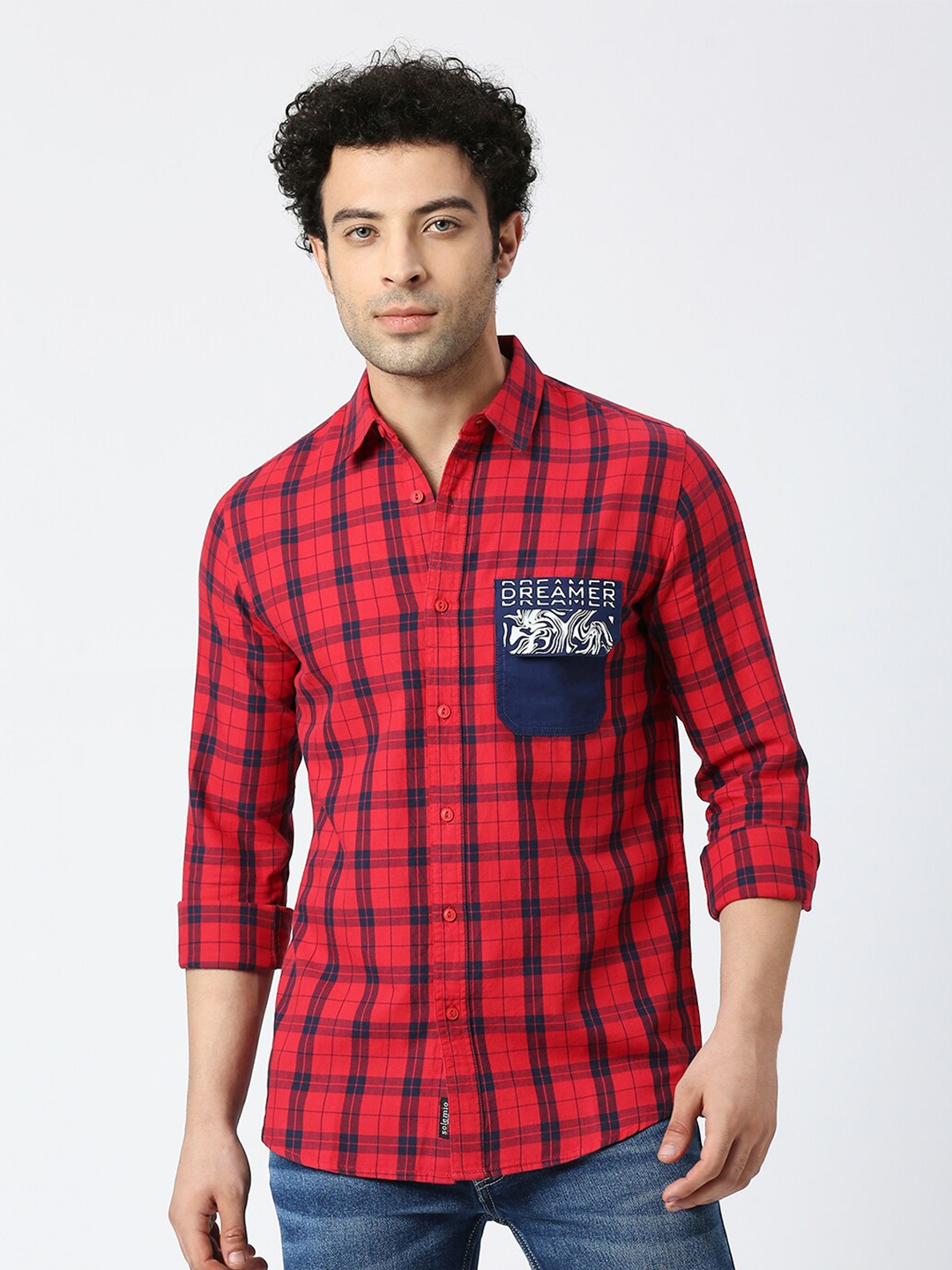 

Solemio Classic Slim Fit Tartan Checks Pure Cotton Casual Shirt, Red