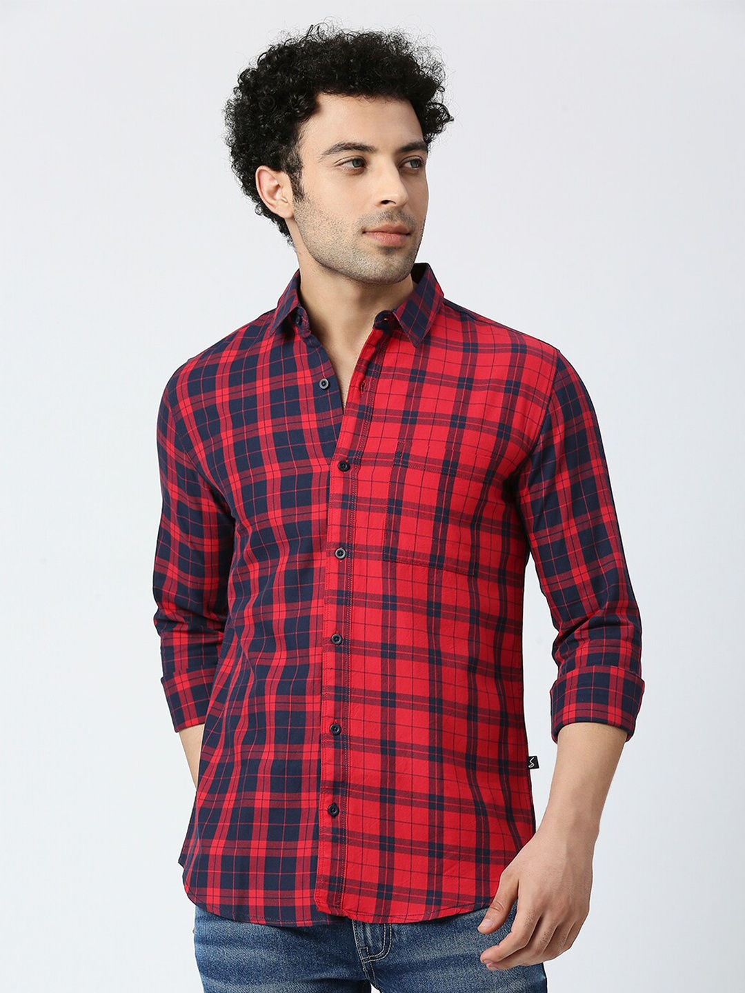 

Solemio Classic Tartan Checked Pure Cotton Slim Fit Casual Shirt, Red