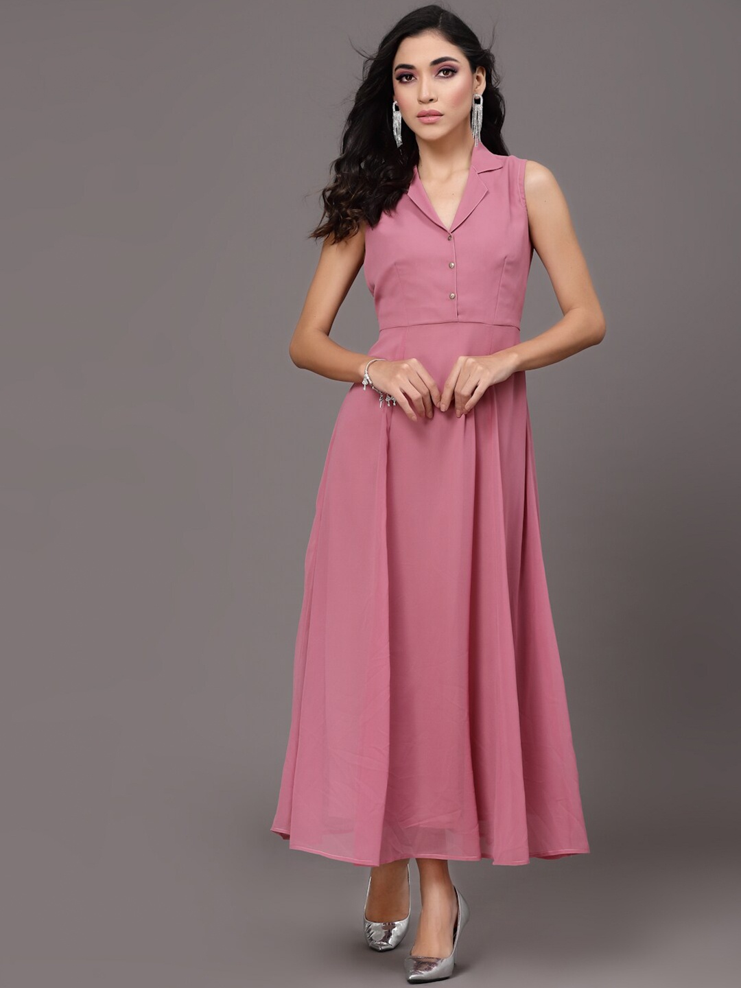 

Selvia Shirt Collar Georgette Fit & Flare Maxi Dress, Pink
