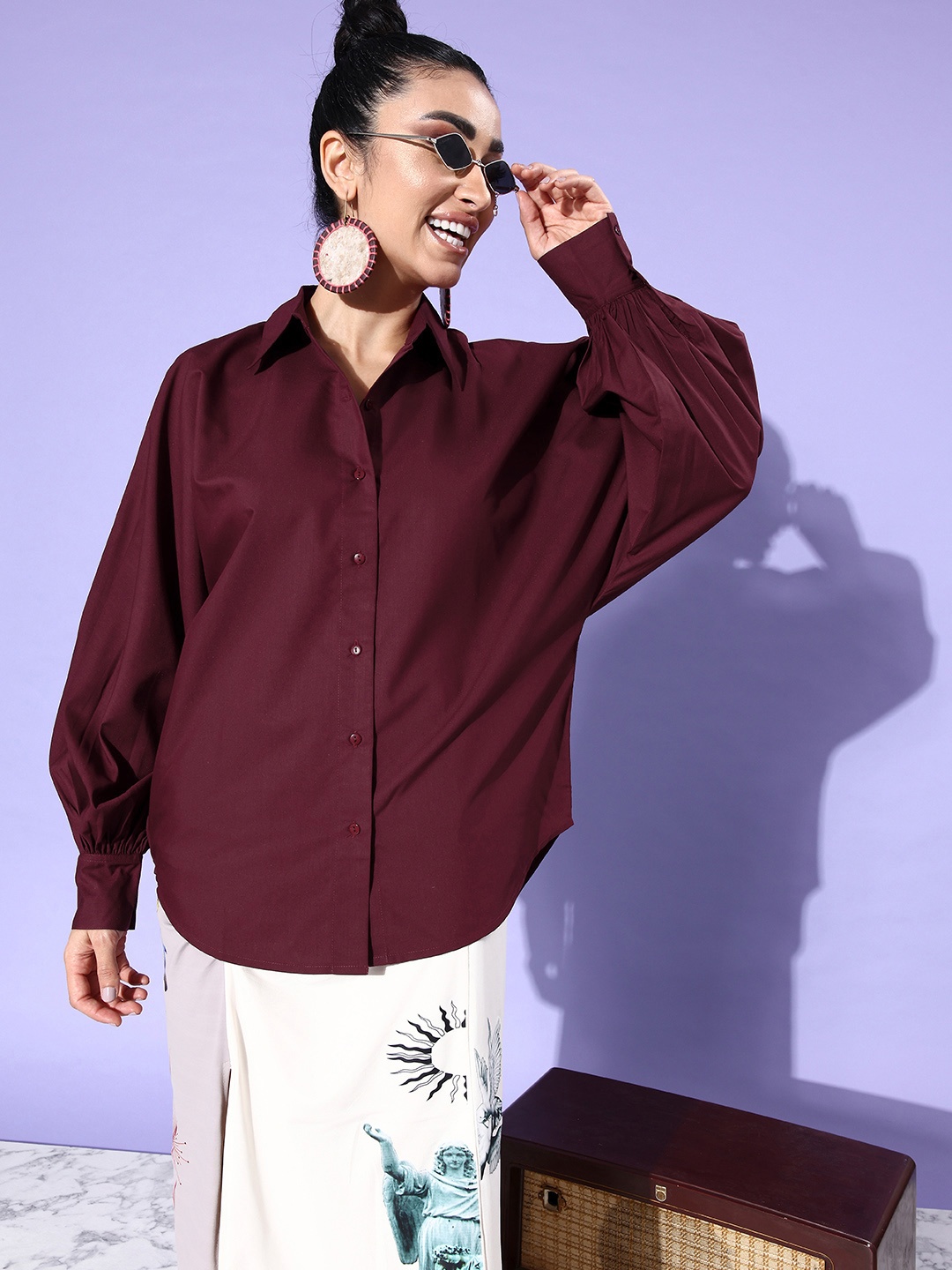 

Style Quotient Black Relaxed Batwing SleevesBoxy Casual Shirt, Maroon