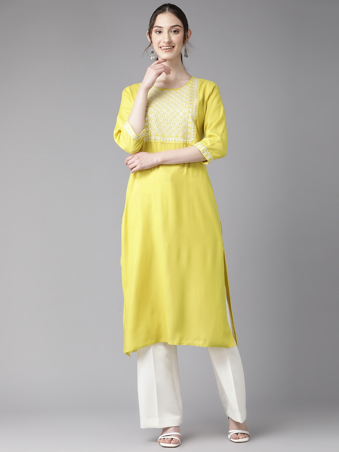 

Amirah s Women Floral Embroidered Sequinned Kurta, Yellow