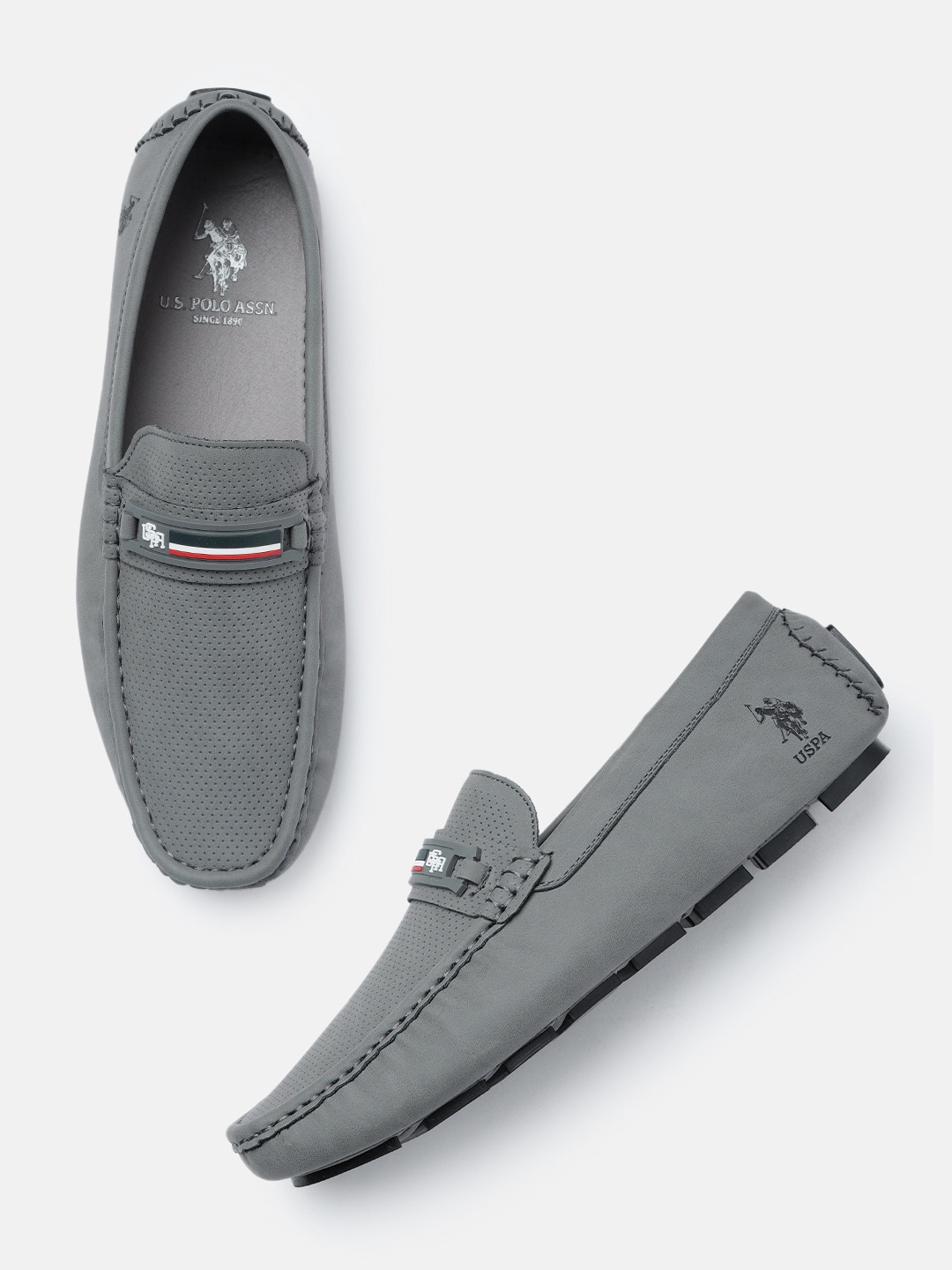 

U.S. Polo Assn. Men Perforations Driving Shoes With Brand Logo Applique Detail, Grey
