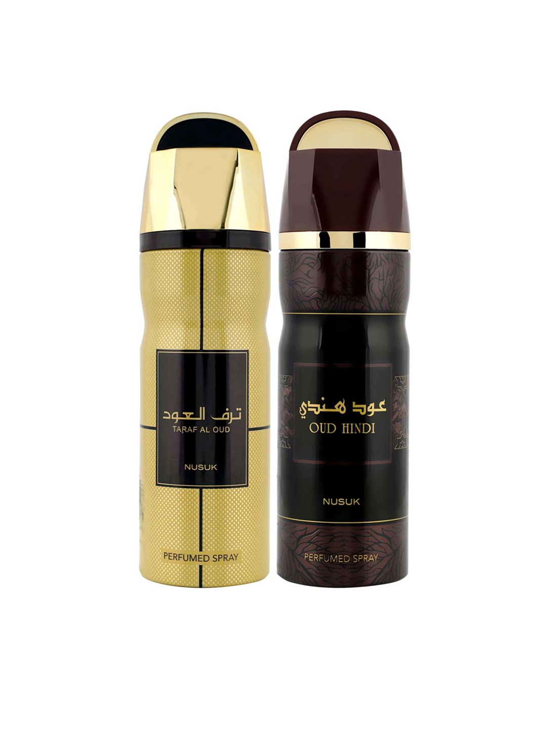 

NUSUK Men Set of 2 Long Lasting Deodorants 200 ml Each - Taraf Al Oud & Oud Hindi, Gold