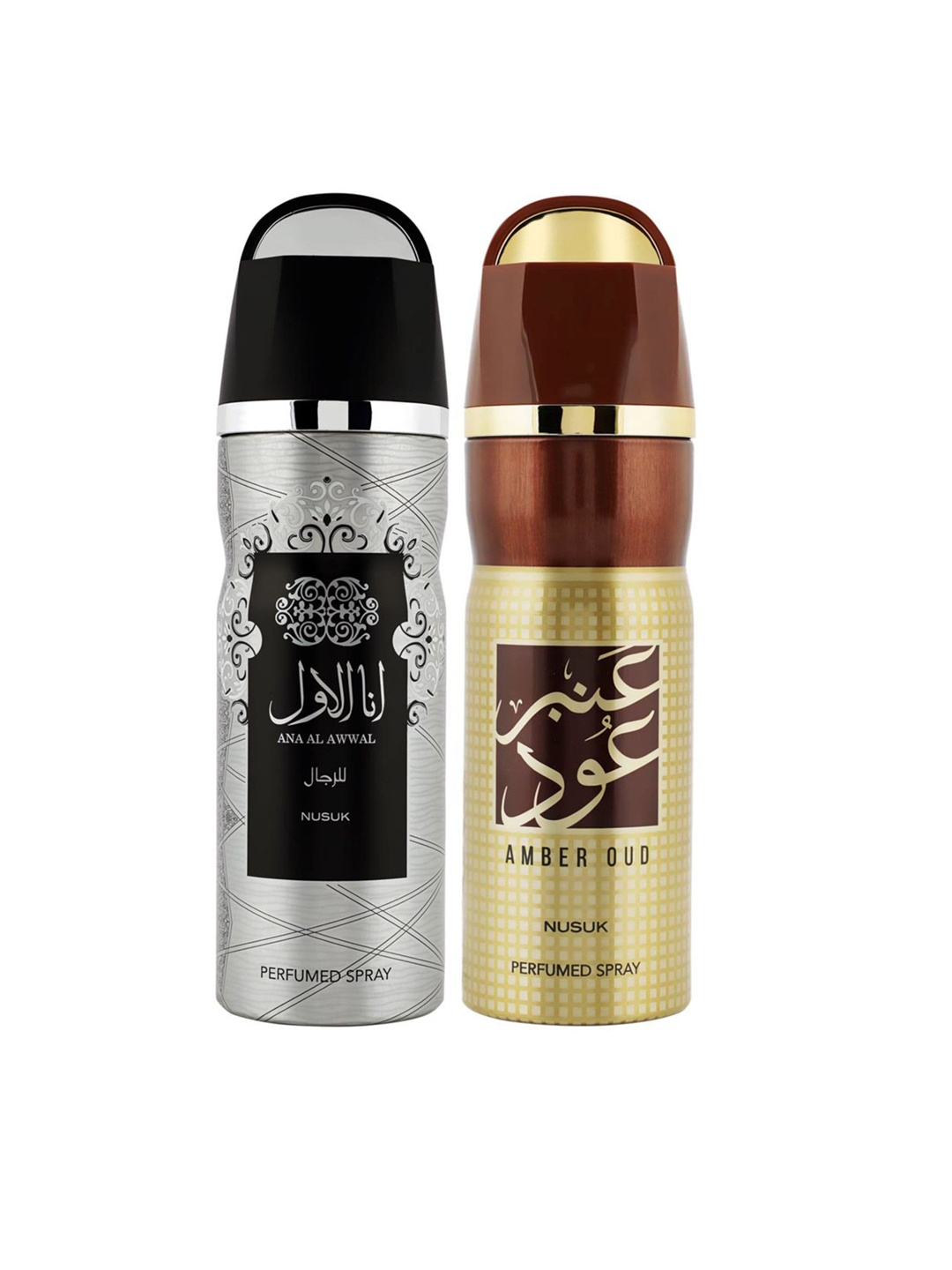 

NUSUK Men Set of 2 Long Lasting Deodorants 200 ml Each - Ana Al Awwal Silver & Amber Oud, Grey