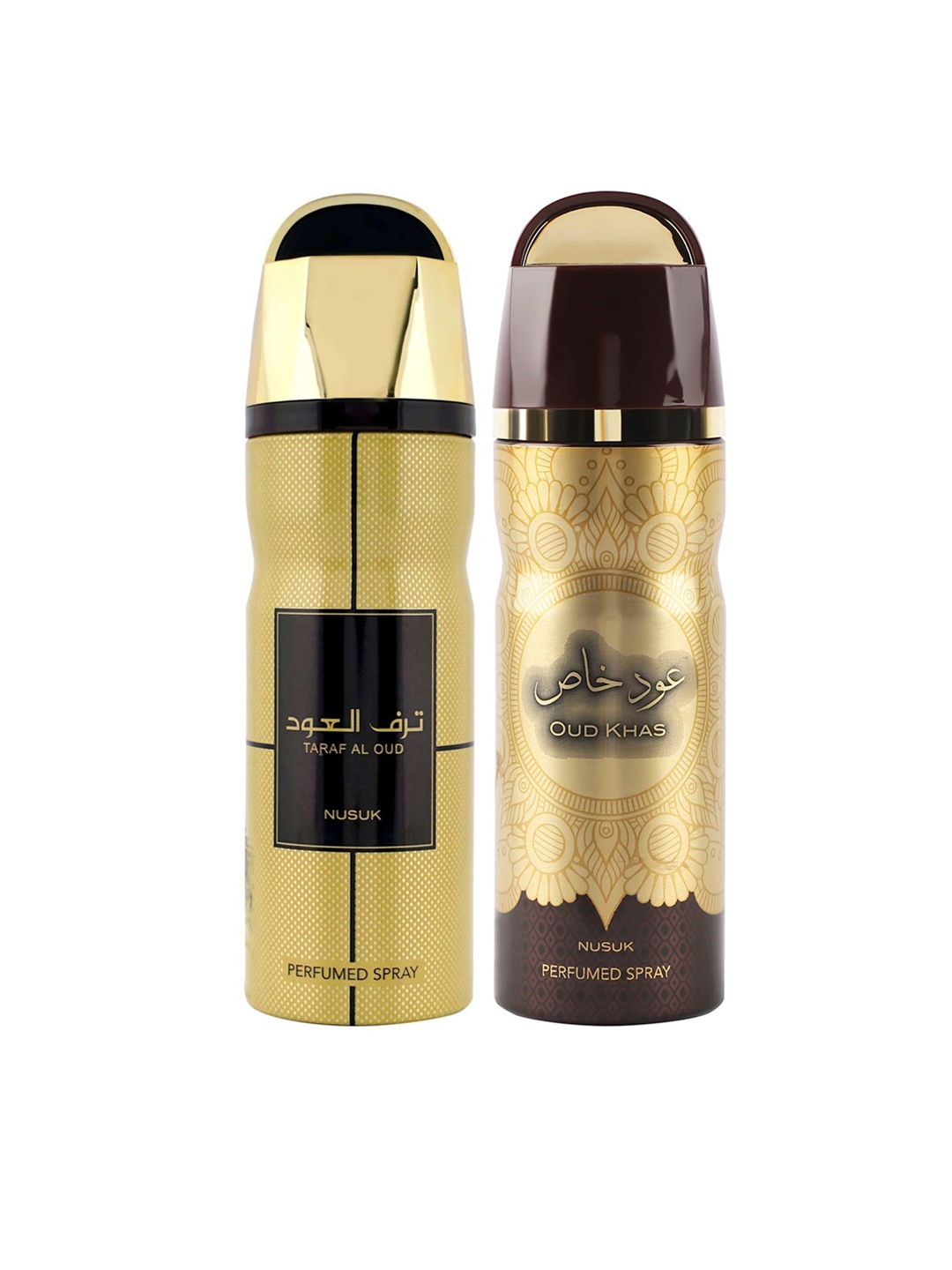 

NUSUK Men Set of 2 Long Lasting Deodorants 200 ml Each - Taraf Al Oud & Oud Khas, Gold