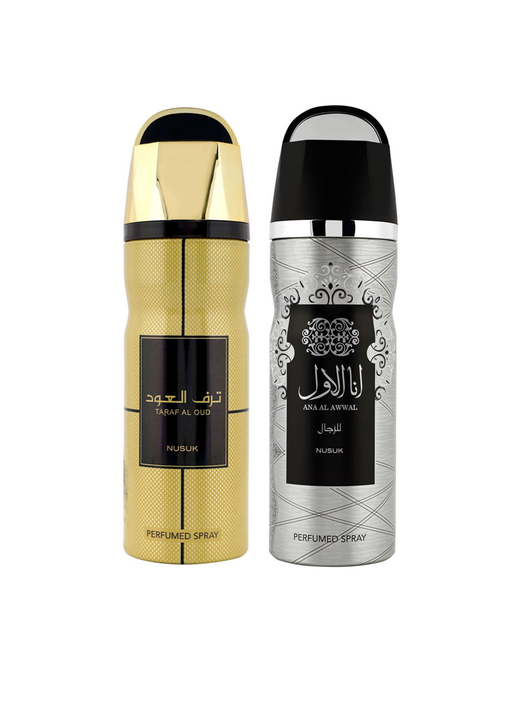 

NUSUK Men Set Of 2 Long Lasting Deodorants 200ml Each - Taraf Al Oud & Ana Al Awwal Silver, Gold