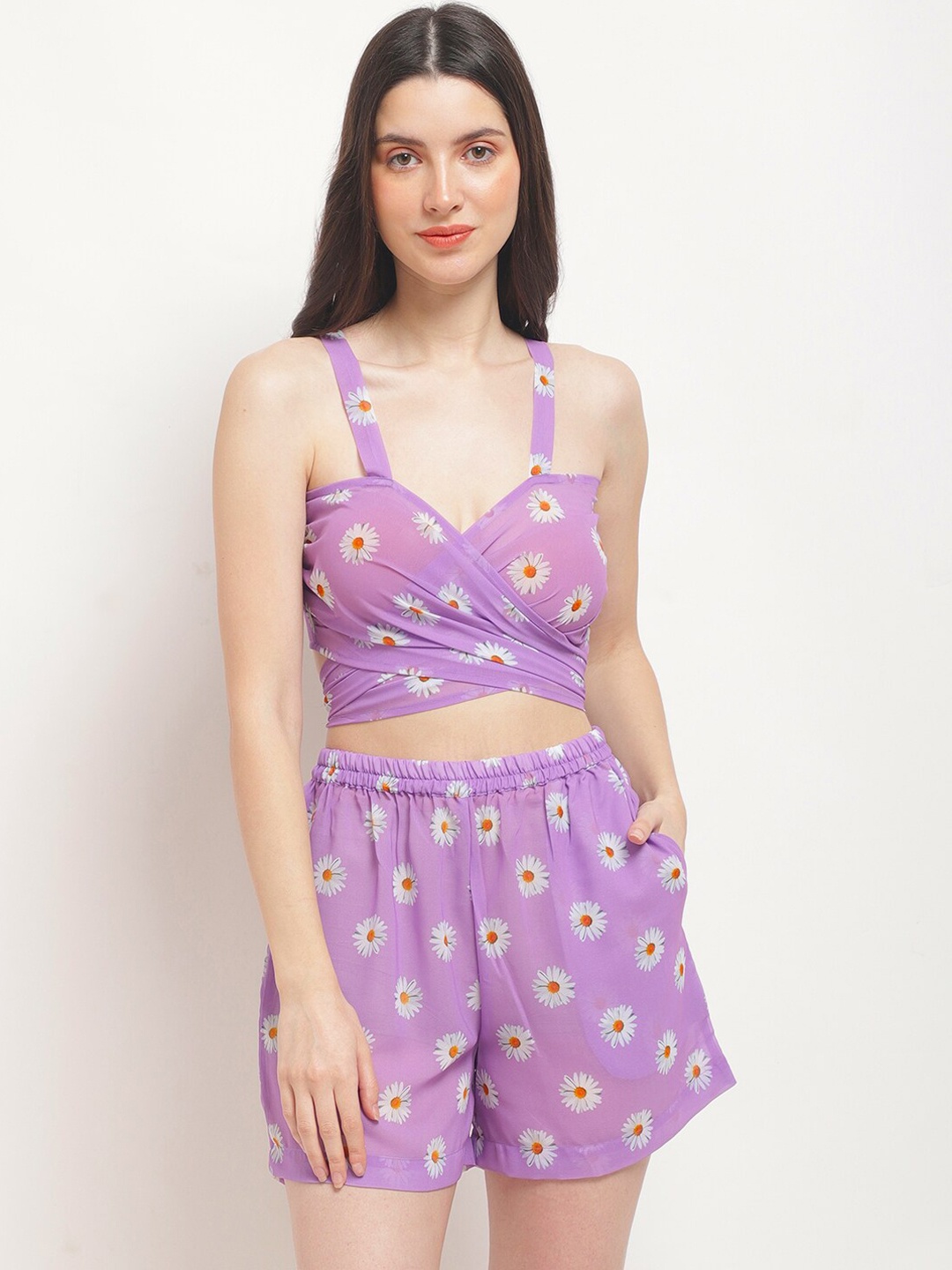 

EROTISSCH Printed Sleeveless Swimwear Cover Up Set, Purple