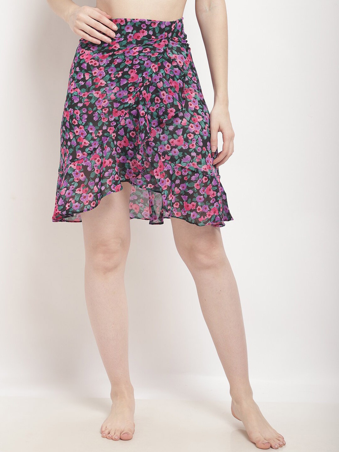 

EROTISSCH Floral Printed Ruffled Detail Cover Up Skirt, Pink