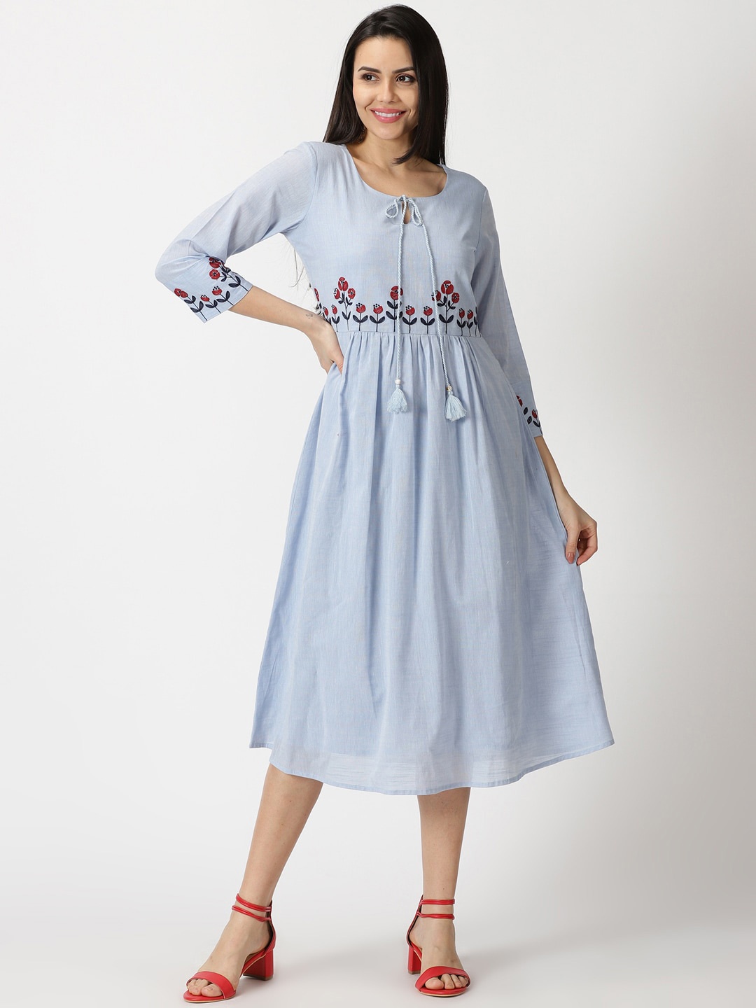 

Saffron Threads Tie-Up Neck Embroidered Fit & Flare Midi Dress, Blue