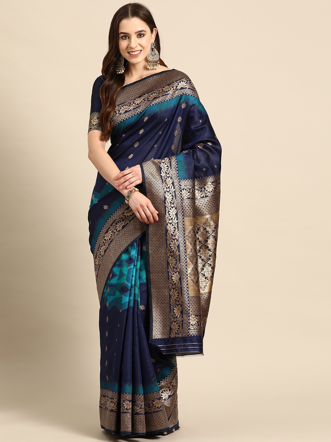 

MANOHARI Ethnic Motifs Silk Blend Banarasi Saree, Navy blue