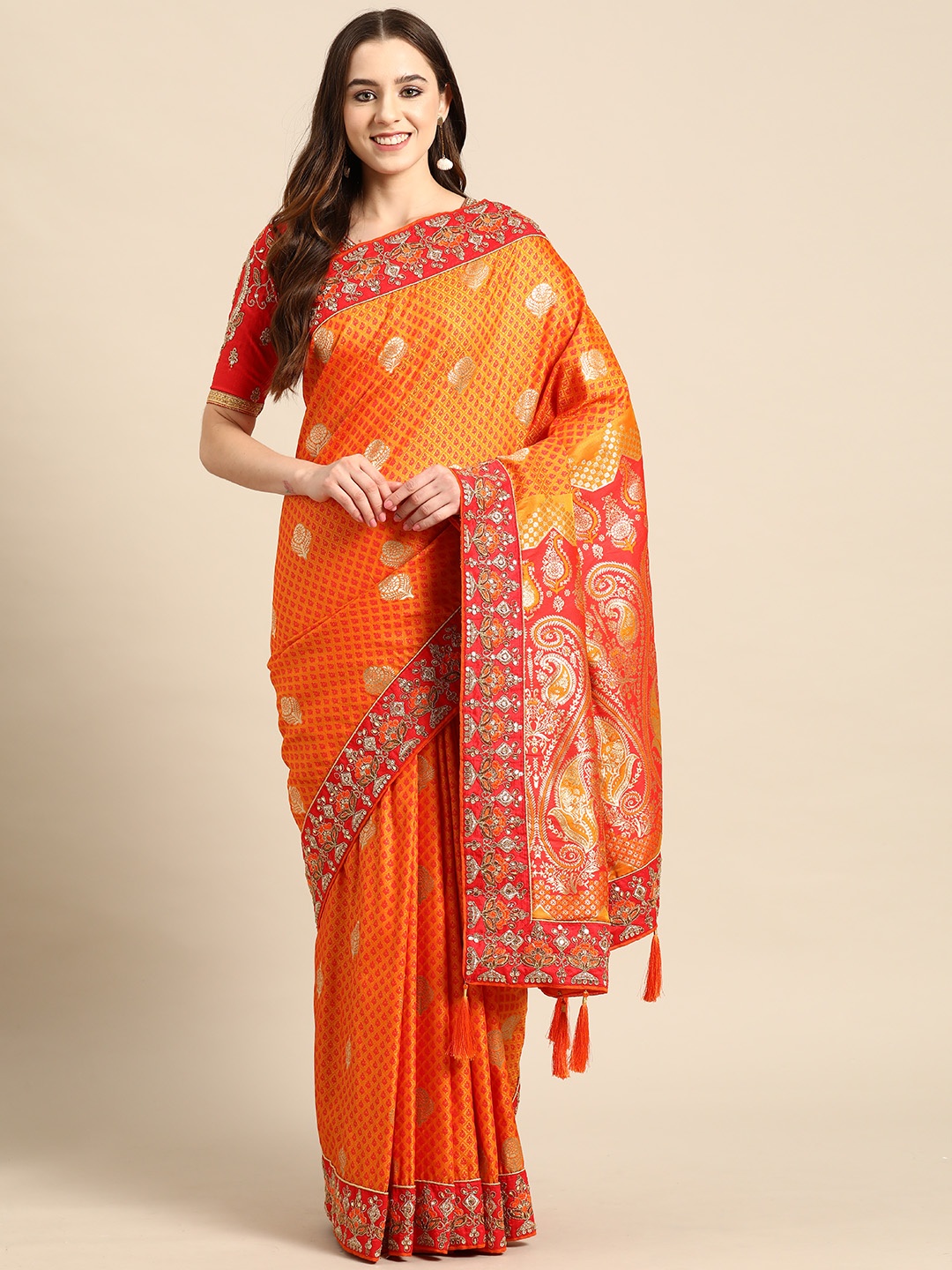 

MANOHARI Paisley Silk Blend Banarasi Saree, Orange