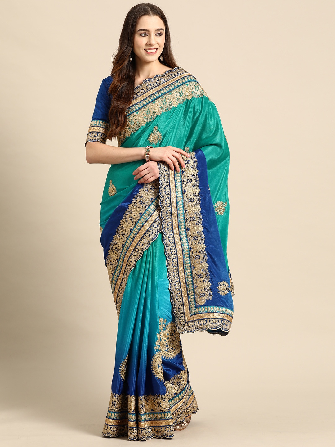 

MANOHARI Embellished Embroidered Poly Chiffon Heavy Work Saree, Turquoise blue