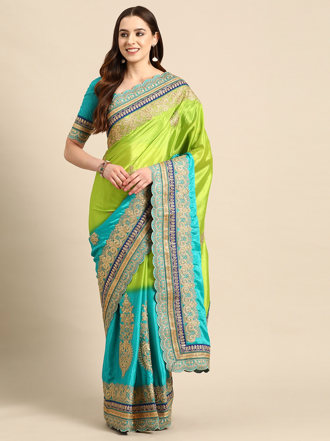 

MANOHARI Embellished Embroidered Poly Chiffon Heavy Work Saree, Green