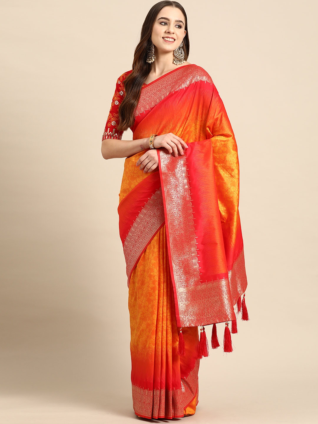 

MANOHARI Woven Design Silk Blend Heavy Work Banarasi Saree, Red