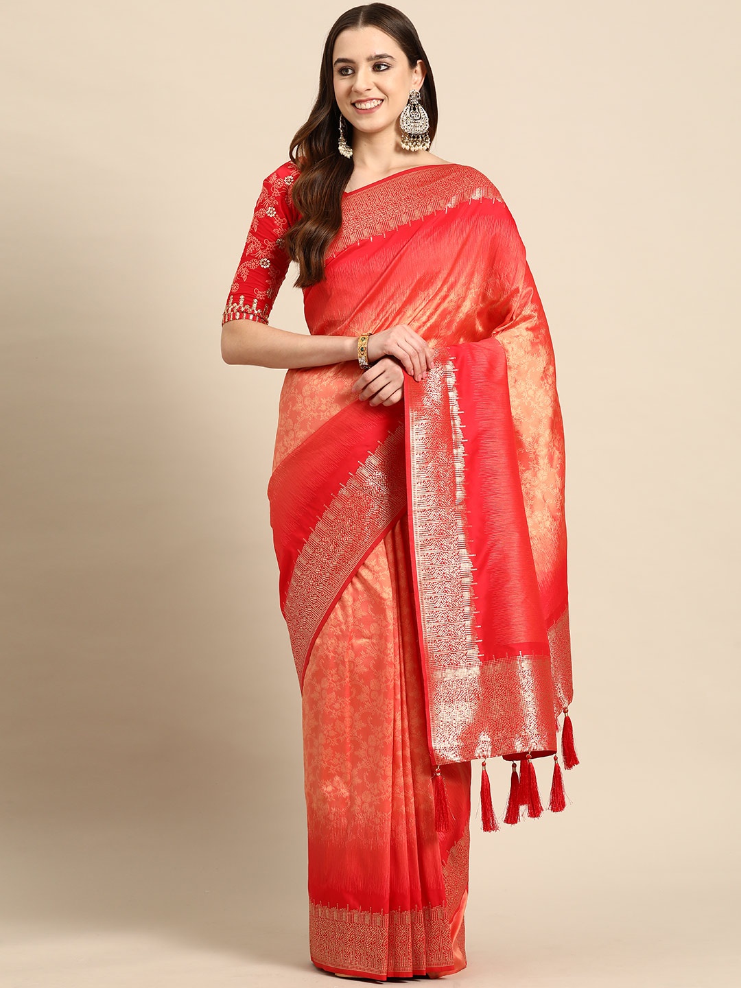 

MANOHARI Woven Design Silk Blend Heavy Work Banarasi Saree, Red