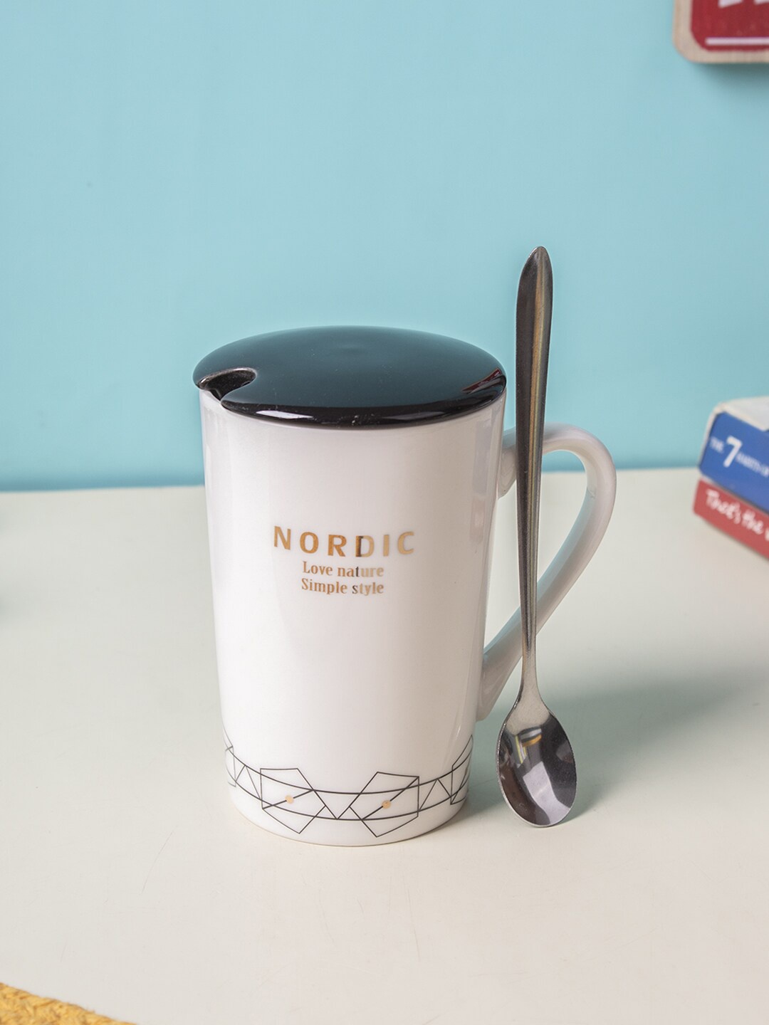 

MARKET99 Nordic White & Black Printed Ceramic Glossy Mug With Lid & Spoon 450 ml