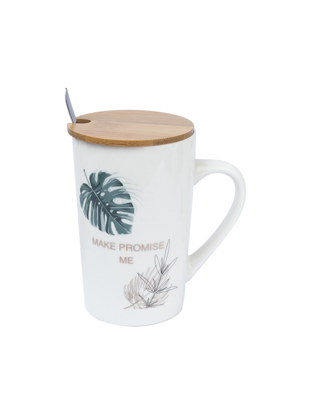 

MARKET99 White & Green Printed Ceramic Glossy Mug With Lid & Spoon 450 ml