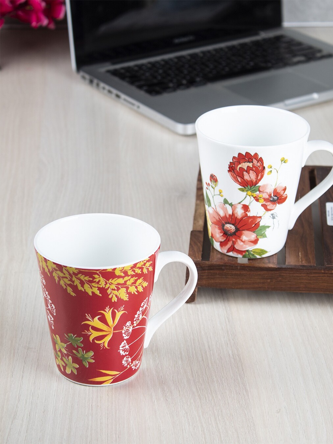

MARKET99 Red & White 2 Pieces Floral Printed Ceramic Glossy Coffee Mugs 320 ml Each