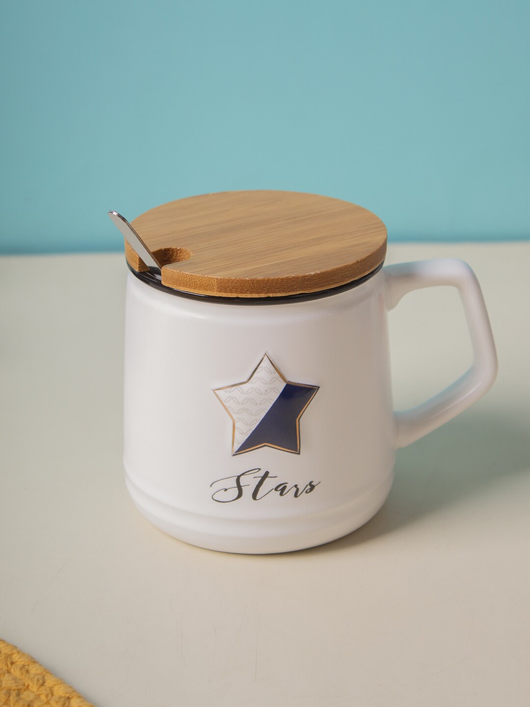 MARKET99 White & Brown Printed Porcelain Glossy Mug With Lid & Spoon 360 ml