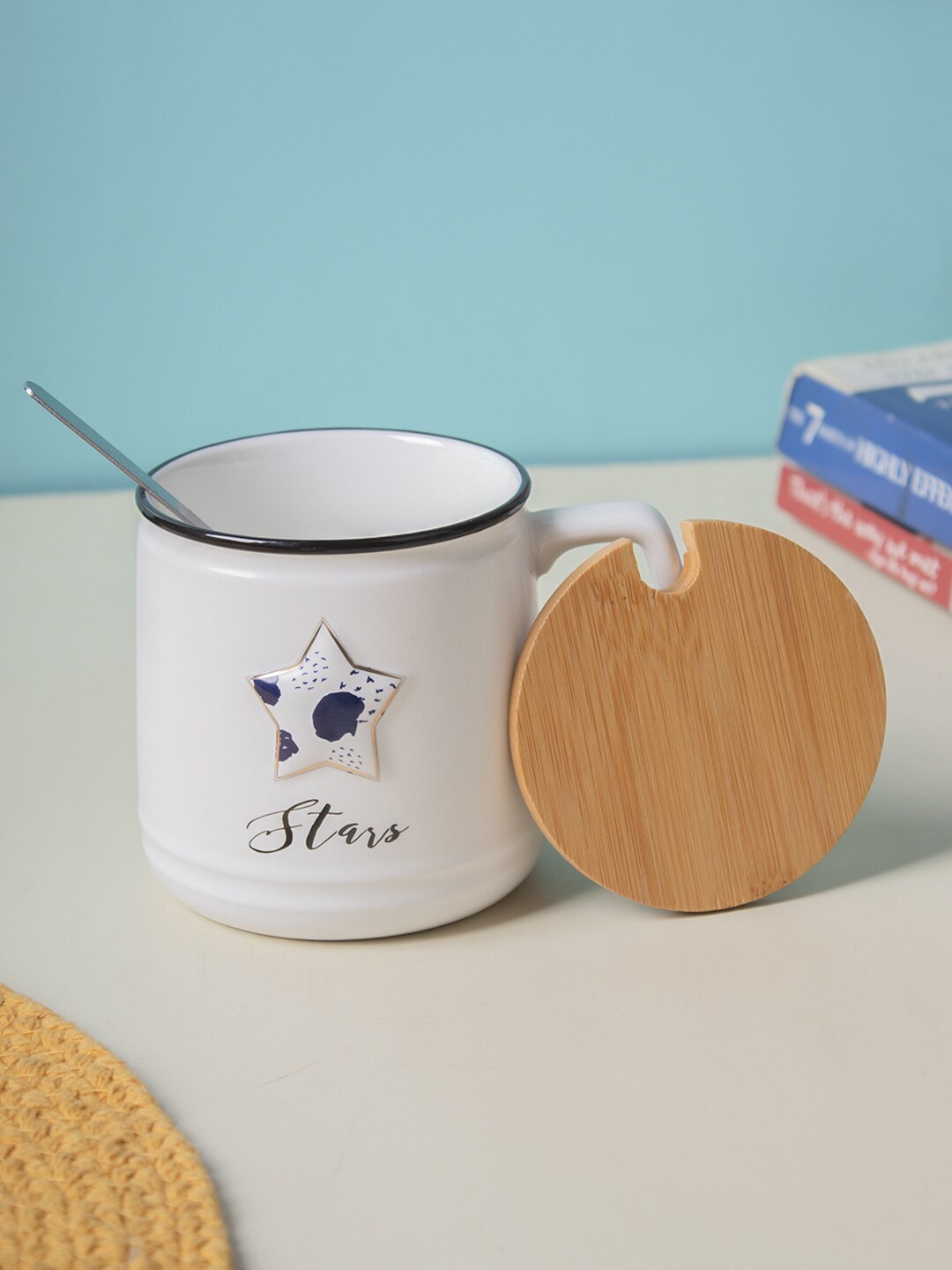 

MARKET99 White & Black Printed Porcelain Glossy Mug With Lid & Spoon 360 ml