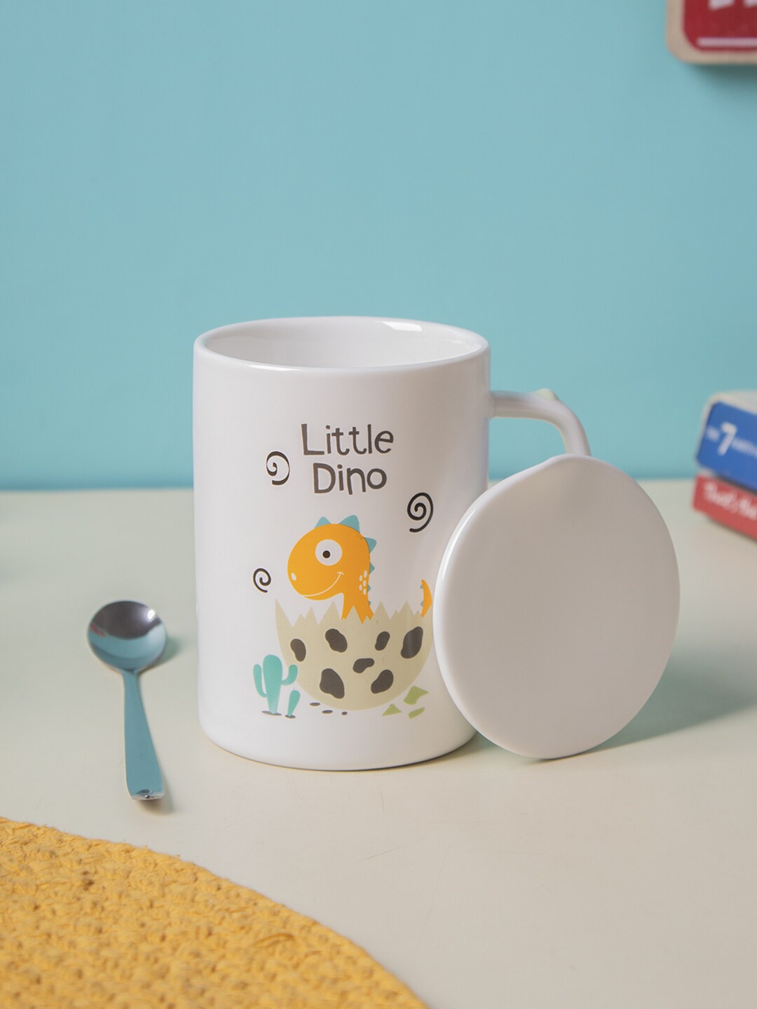 MARKET99 Off White & Yellow Printed Ceramic Glossy Mug With Lid & Spoon 400 ml