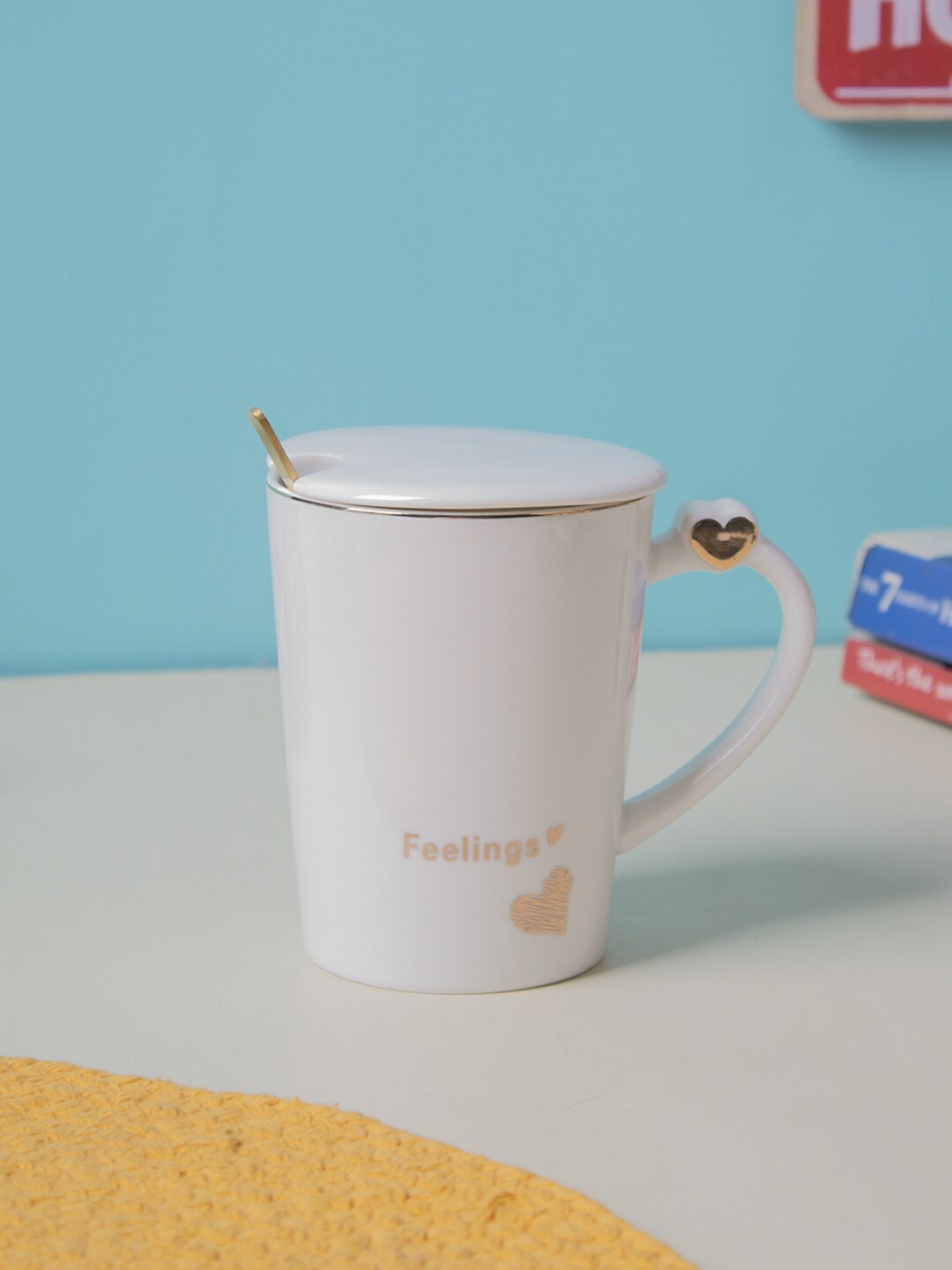 

MARKET99 White & Gold-Toned Printed Ceramic Glossy Mug With Lid & Spoon 380 ml