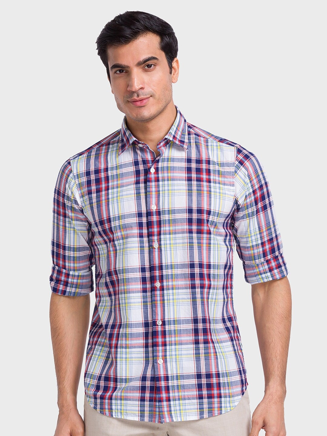 

ColorPlus Tailored Fit Tartan Checks Pure Cotton Casual Shirt, Blue