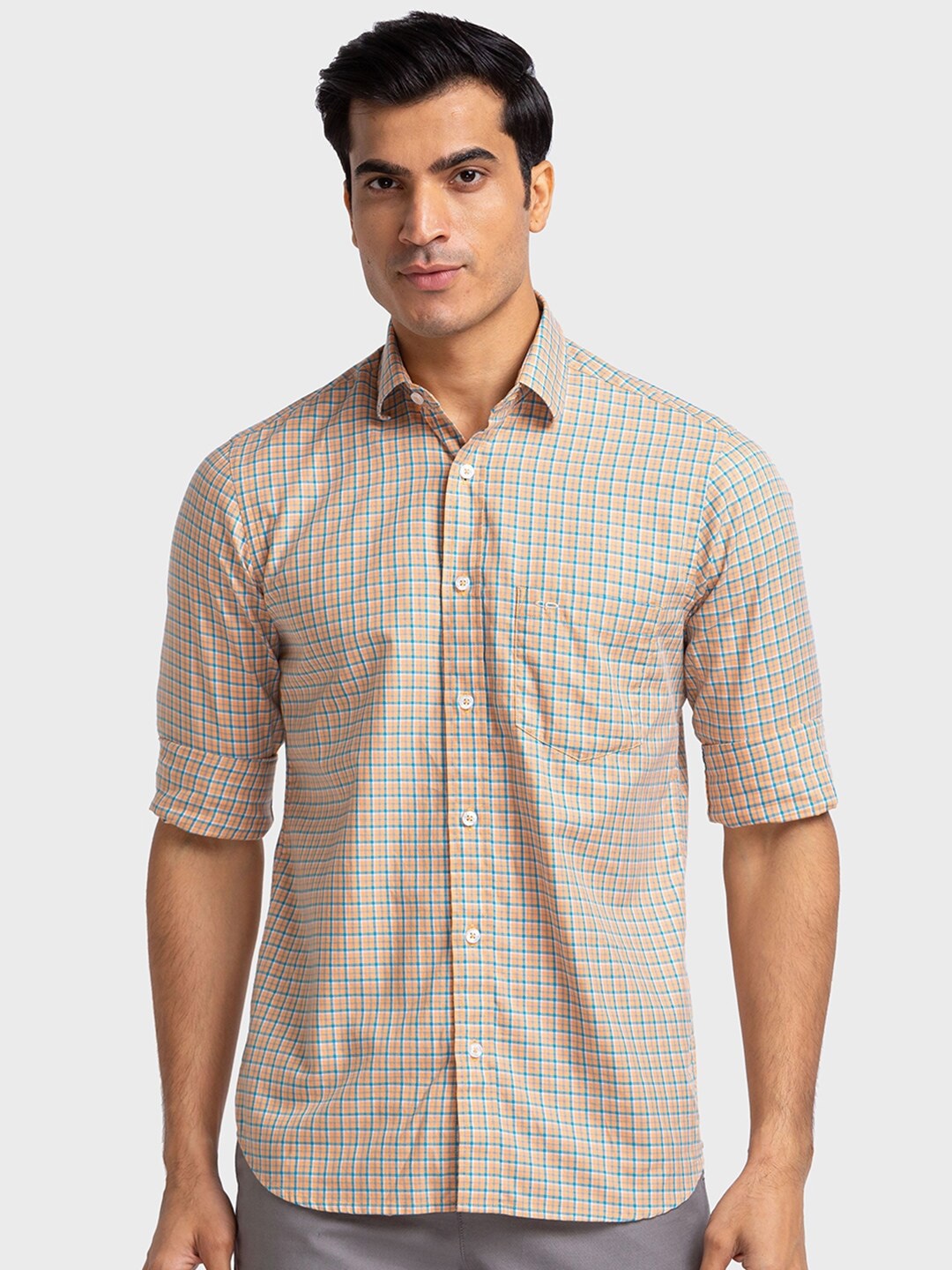 

ColorPlus Checked Long Sleeves Organic Cotton Tailored Fit Casual Shirt, Orange