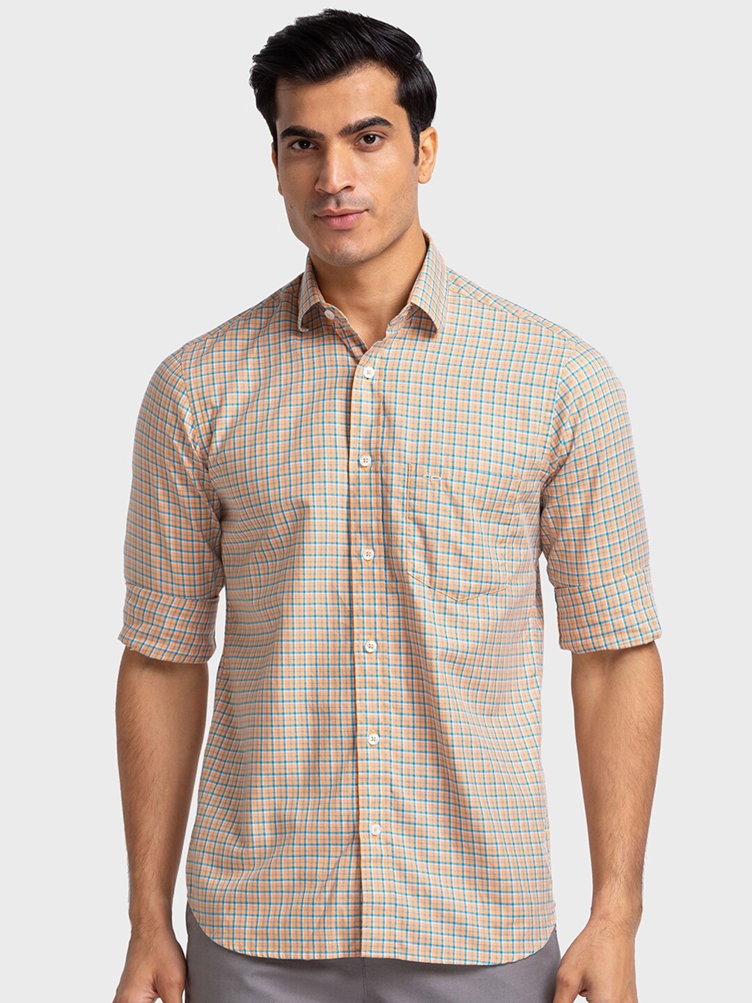 

ColorPlus Tailored Fit Checked Pure Cotton Casual Shirt, Orange